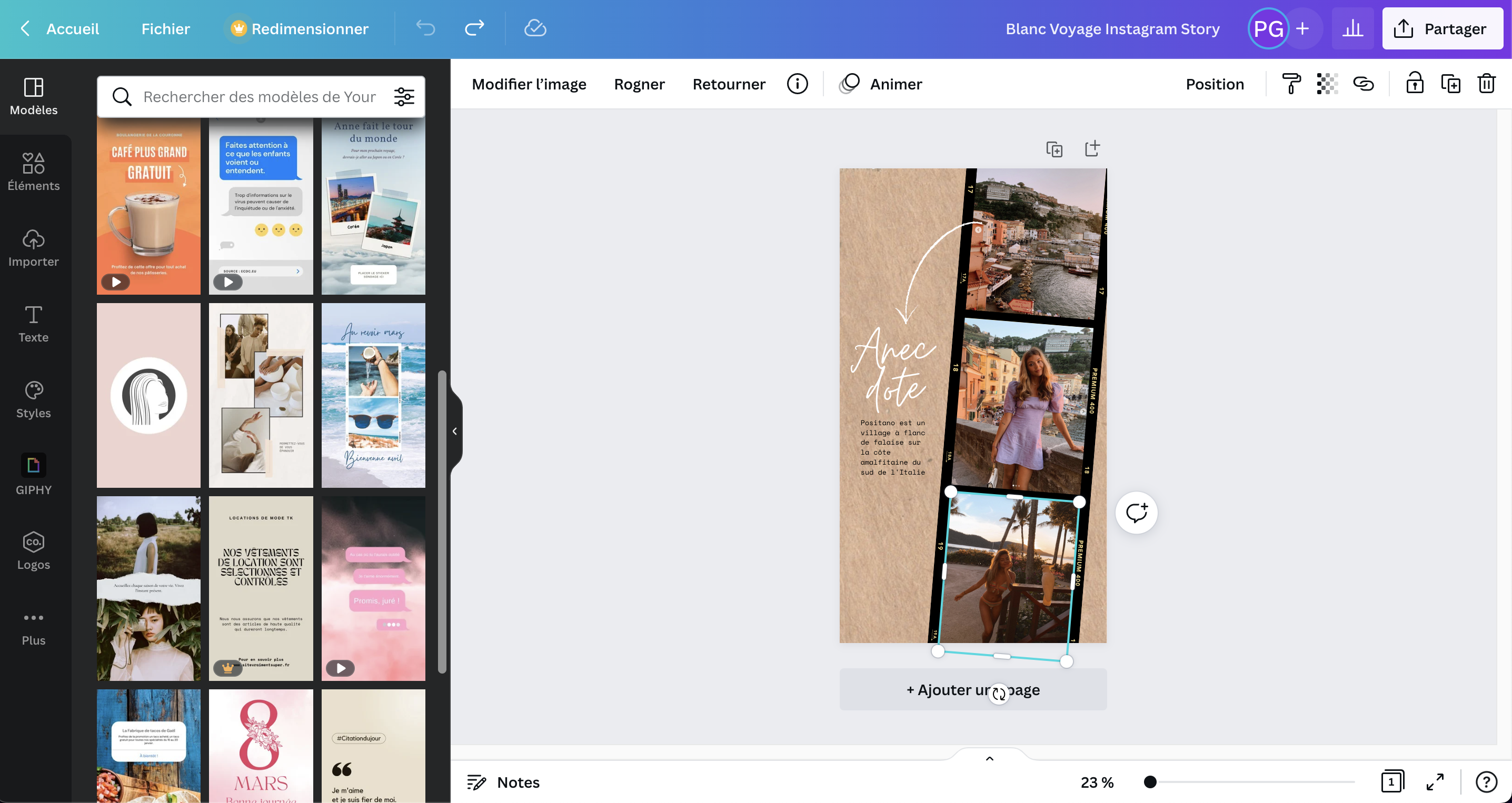 Exemple de story Instagram en cours de création sur Canva avec tout un tas de modèles disponibles sur la gauche