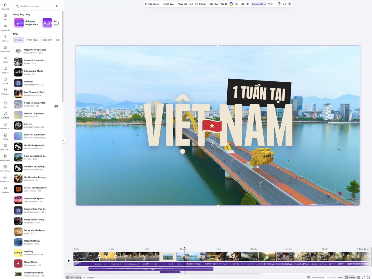 Add Music To Video Feature Card 2 Thêm giọng đọc và nhạc riêng vào video hành trình Việt Nam trên Canva