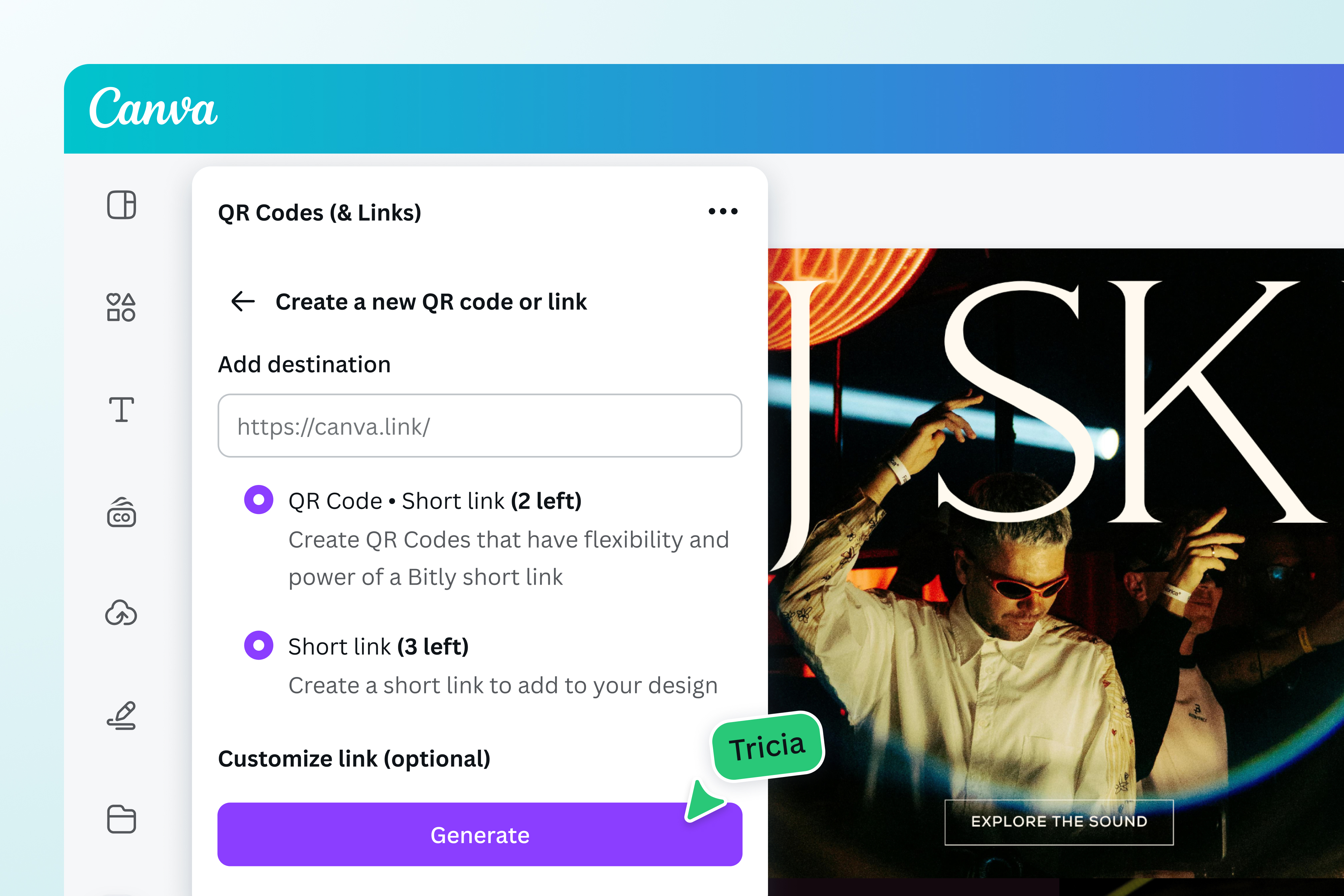 Generate a new QR code or link using Canva's URL shortener