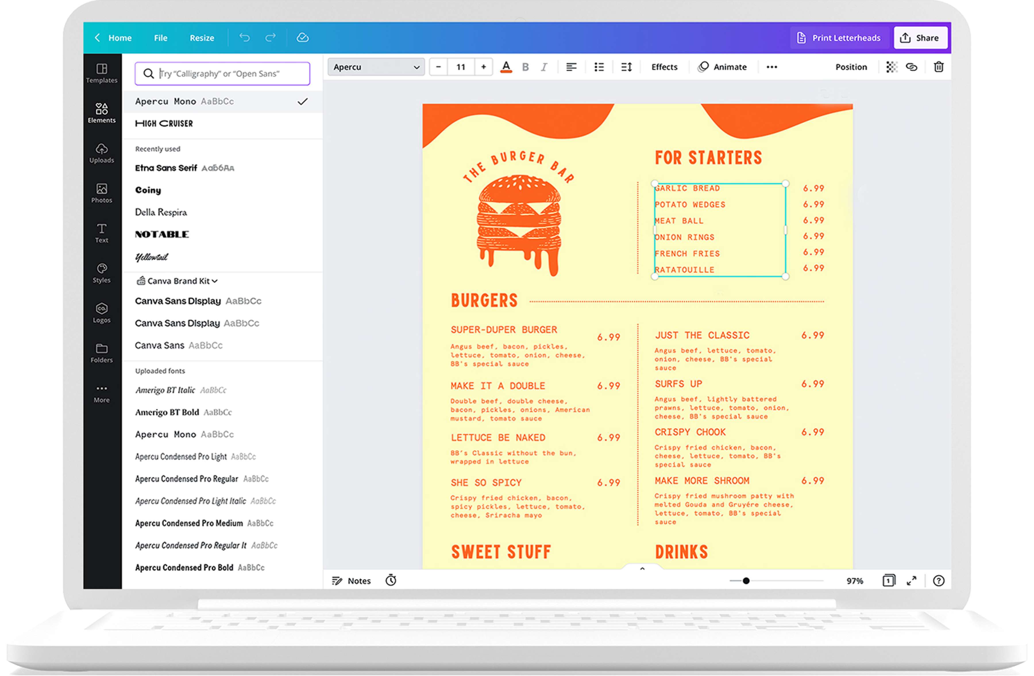 How to design and print your menus