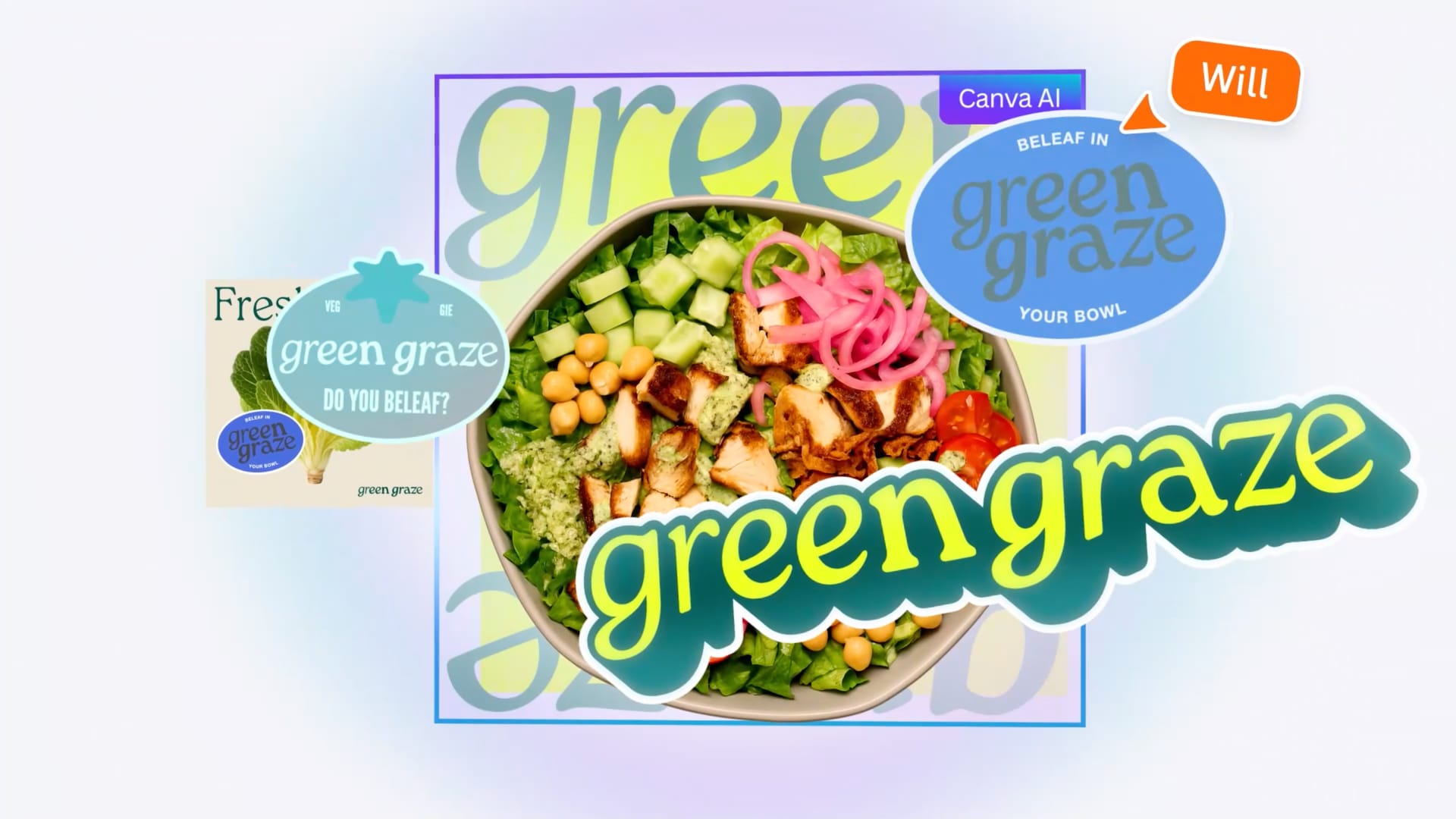 A user collaborating with Canva AI to design a social media post featuring a salad bowl and logo overlays