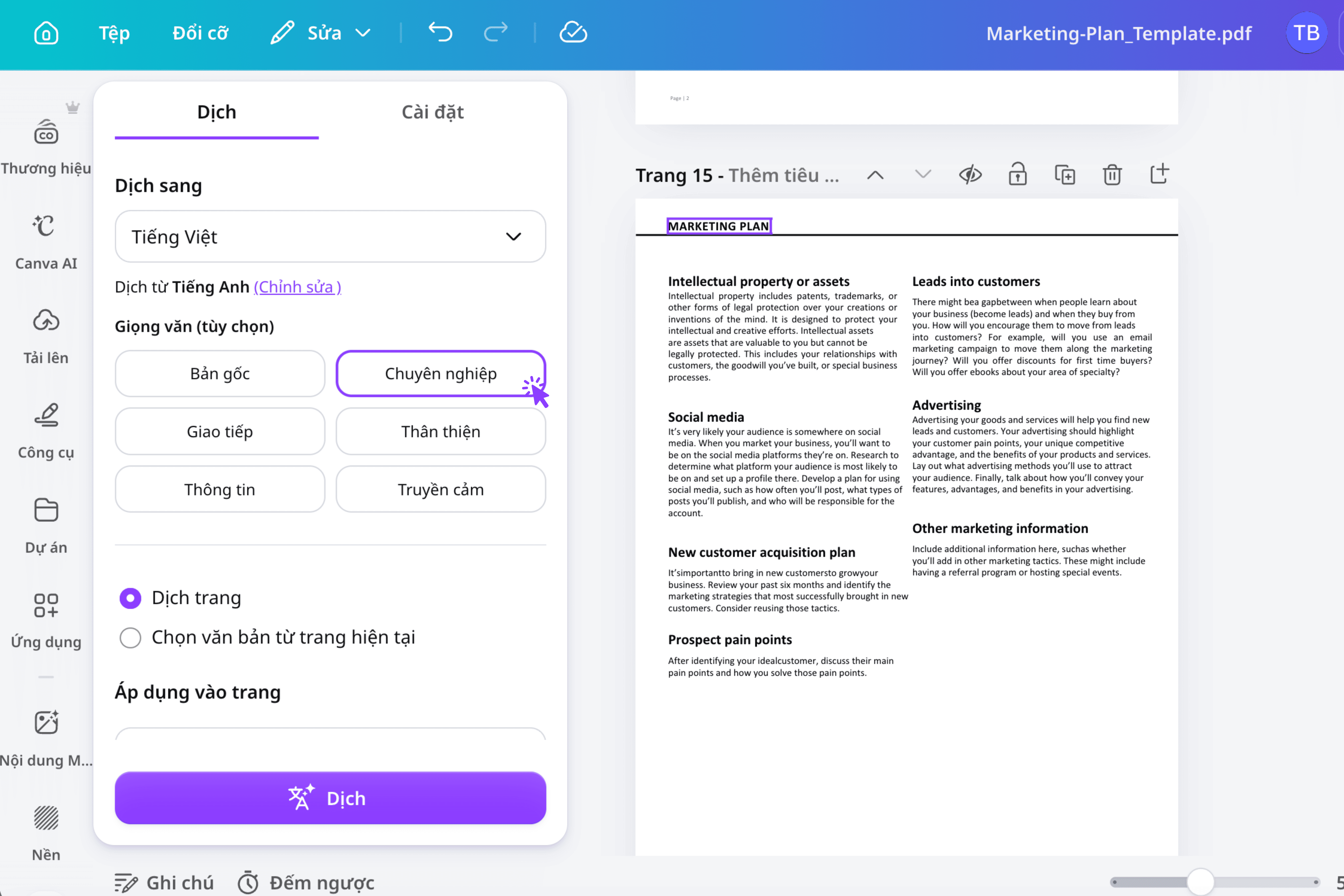 Chọn giọng văn cho bản dịch file PDF