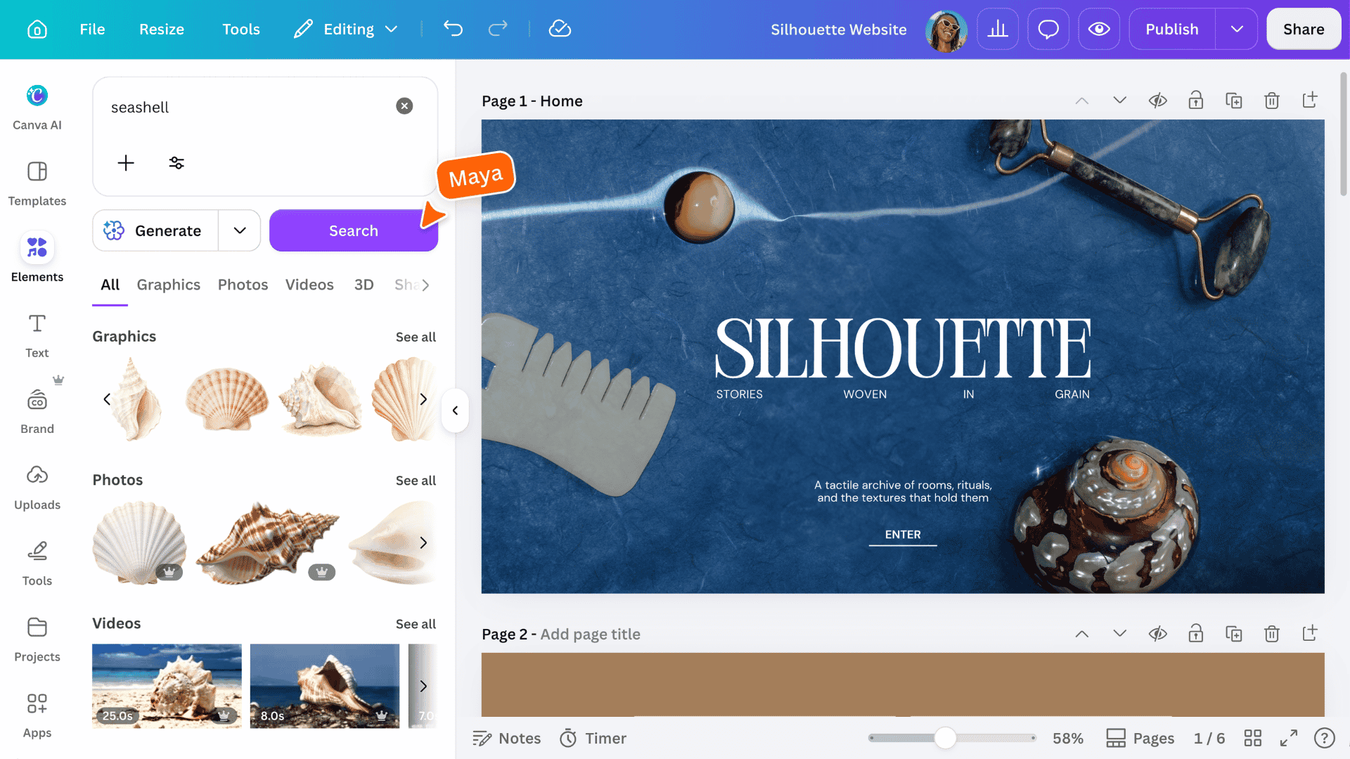 Canva Elements search results for “seashell,” with graphics, photos, and videos available to add to a website design.