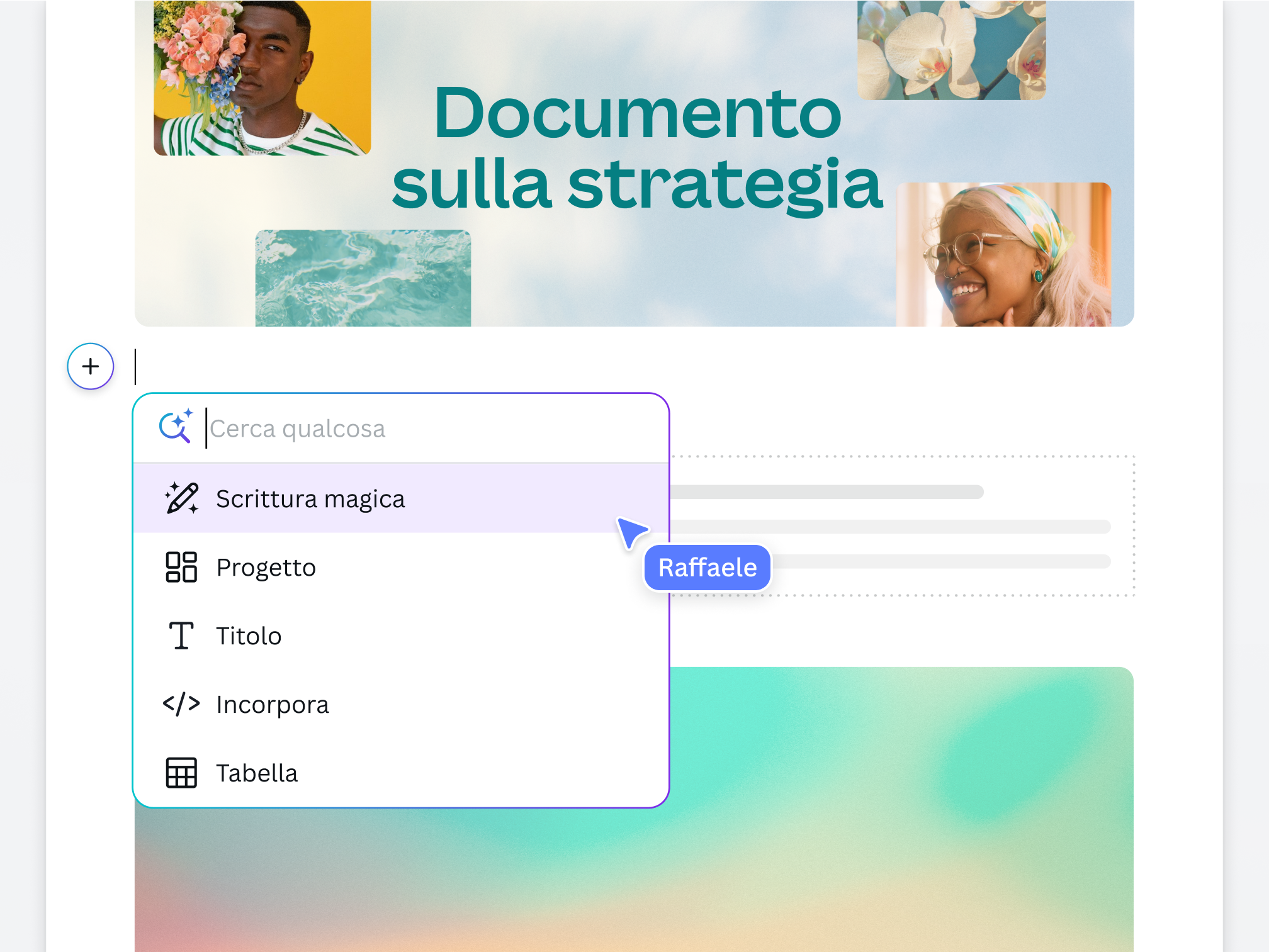 Anteprima di Scrittura magica, l'AI per scrivere testi su documenti Canva