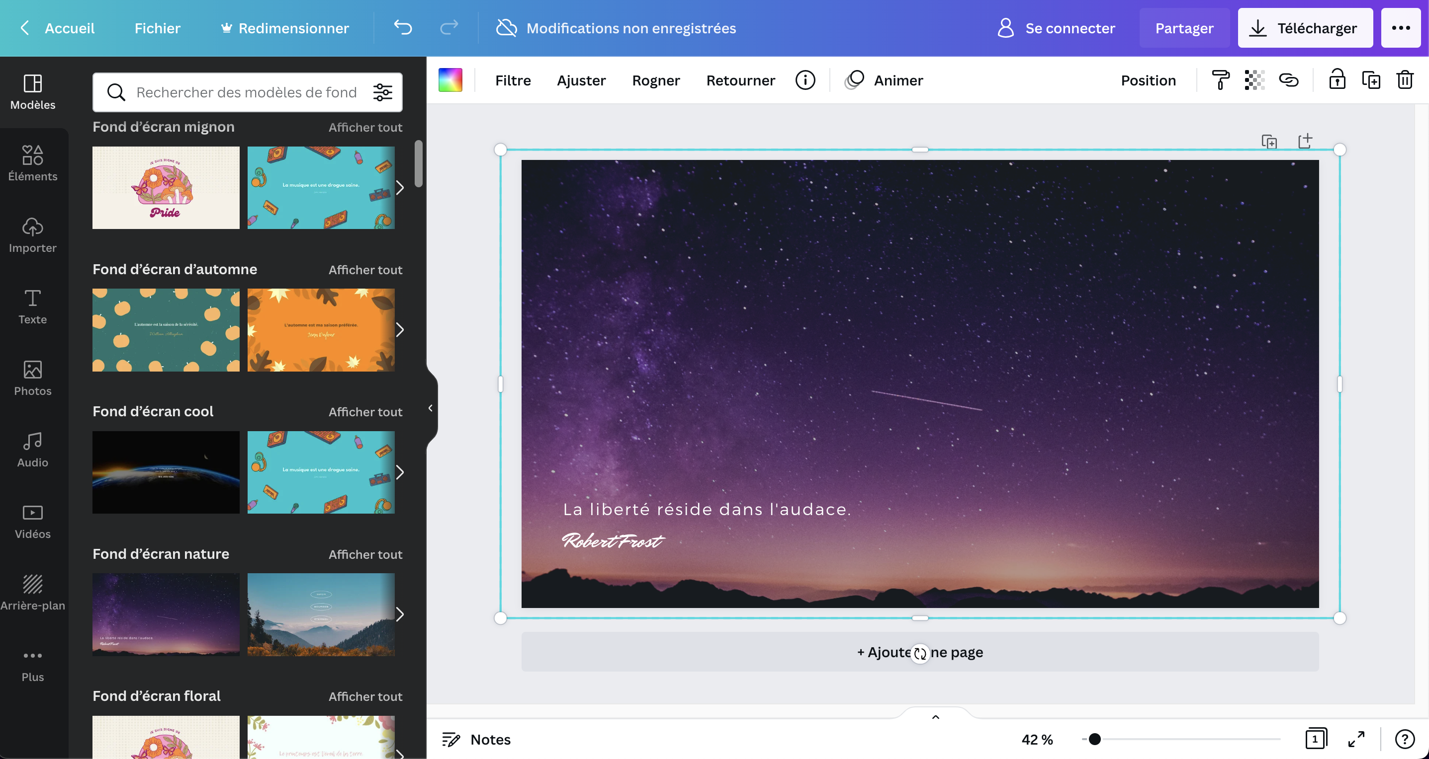 Fond d'écran aesthetic d'ordinateur en cours de personnalisation sur Canva