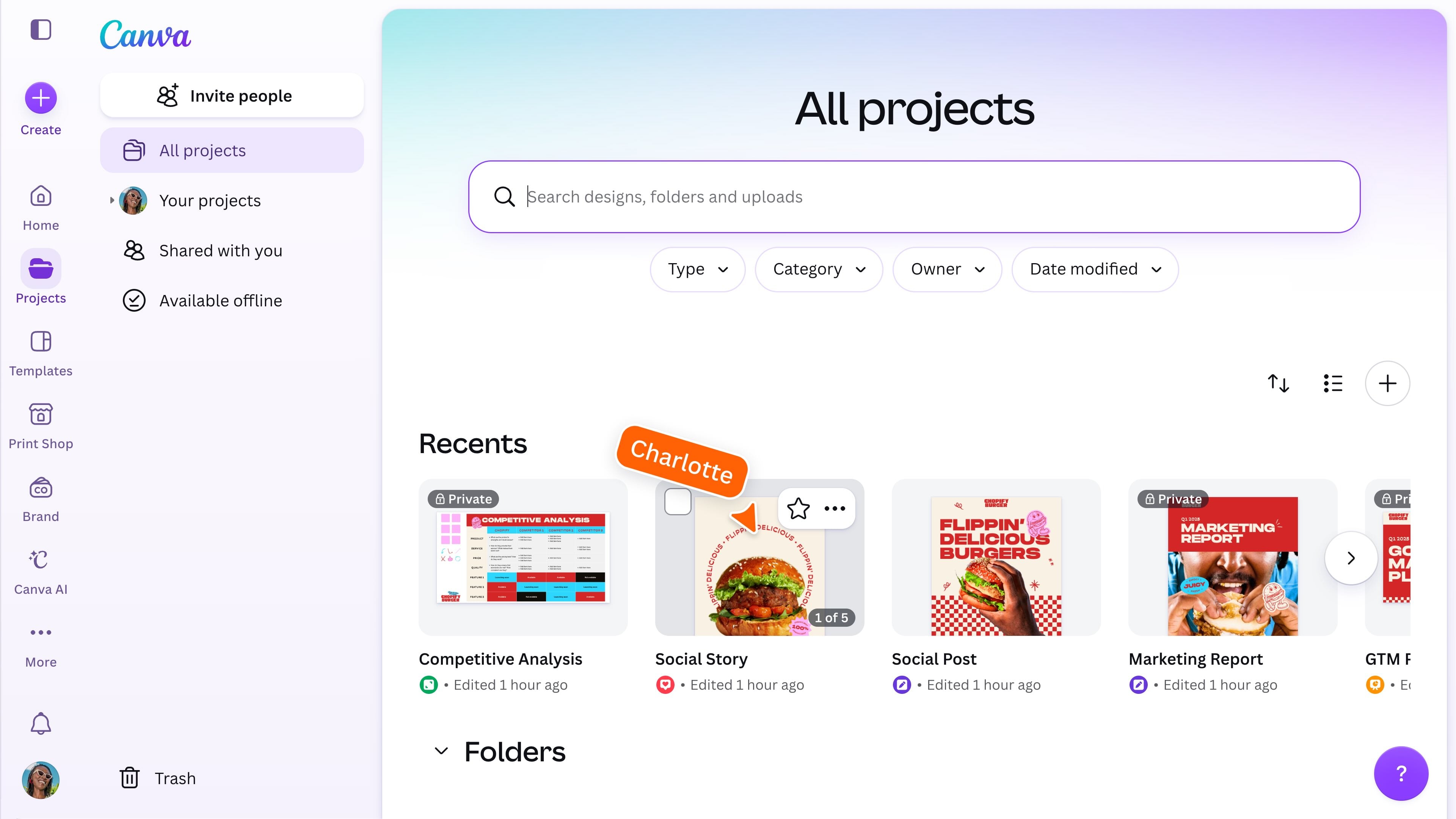 Project page on Canva Homepage