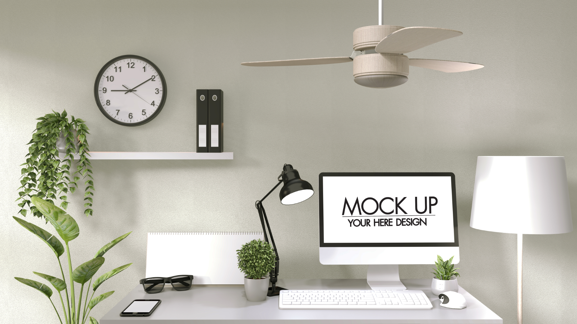 Mockup de poster gratuit sur un écran d'ordinateur posé sur un bureau