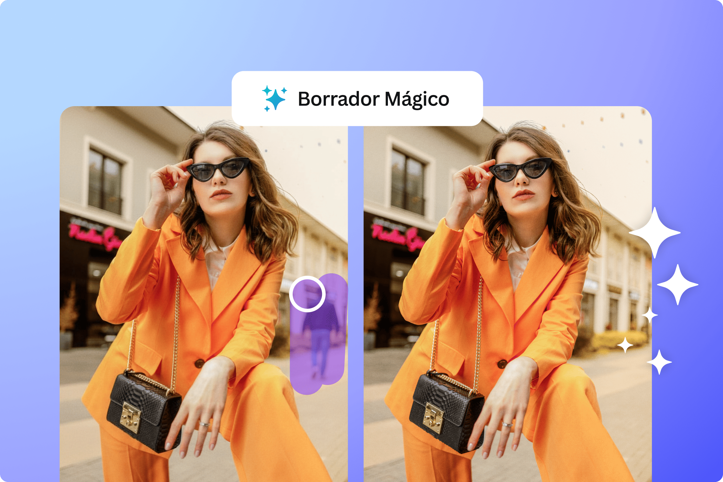 Mujer posando para una foto en la calle con una figura del persona en el fondo borrada con el Borrador Mágico Borrar personas de una foto