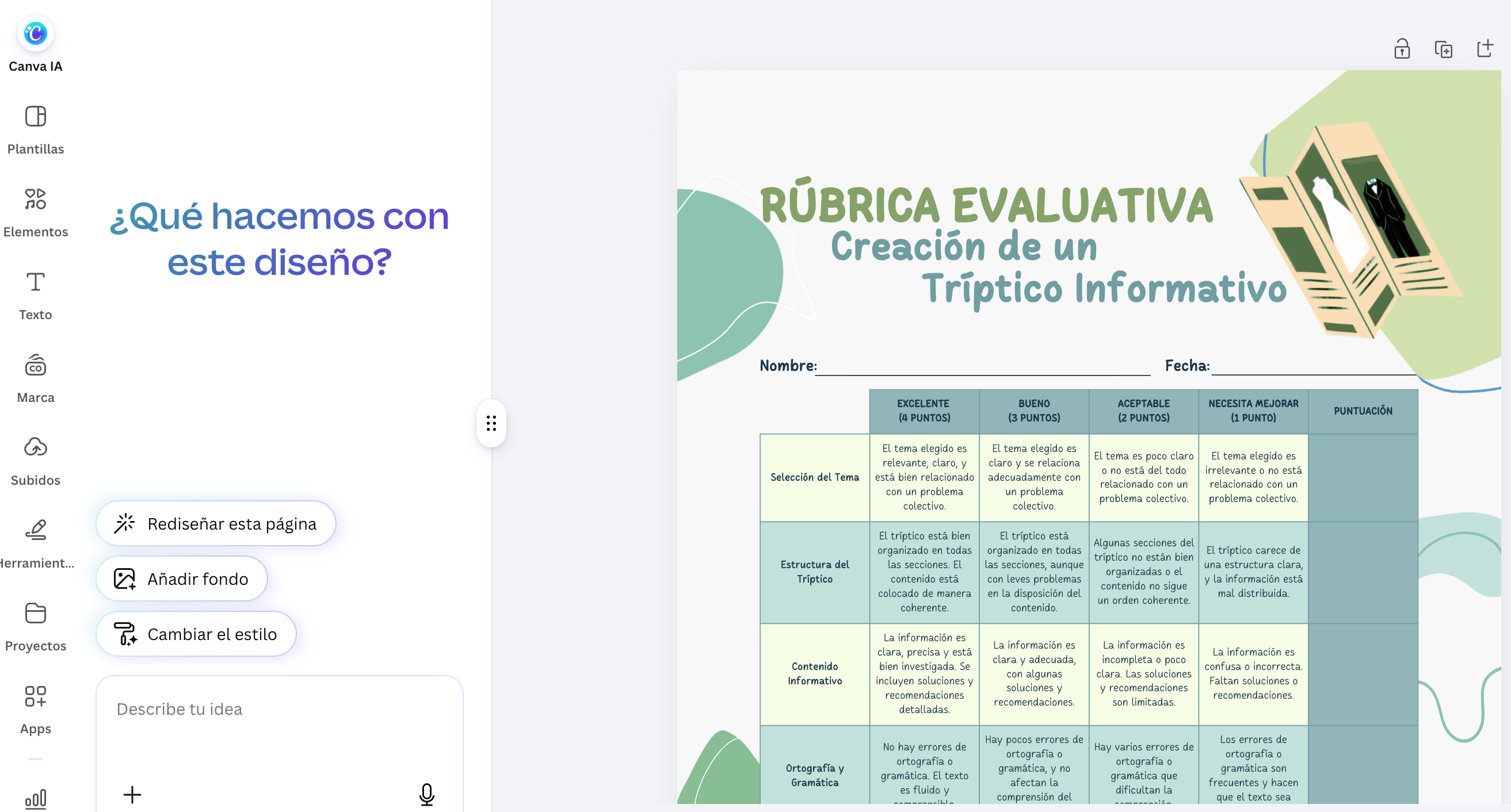 Uitlizar la IA de Canva para rellenar una rúbrica de evaluación Uitlizar la IA de Canva para rellenar una rúbrica de evaluación