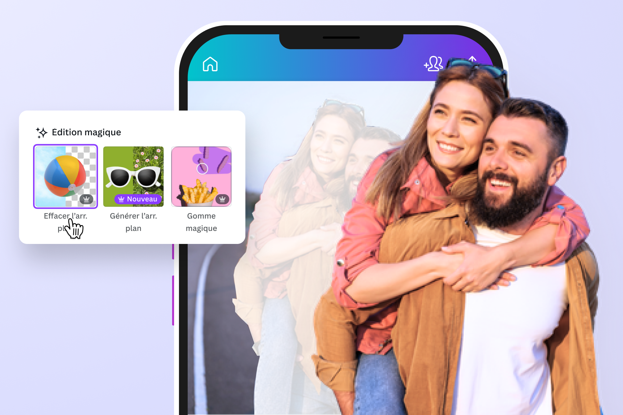 Portable ouvert sur une photo dont on détache les sujets automatiquement grâce à l’outil de retouche photo IA de Canva