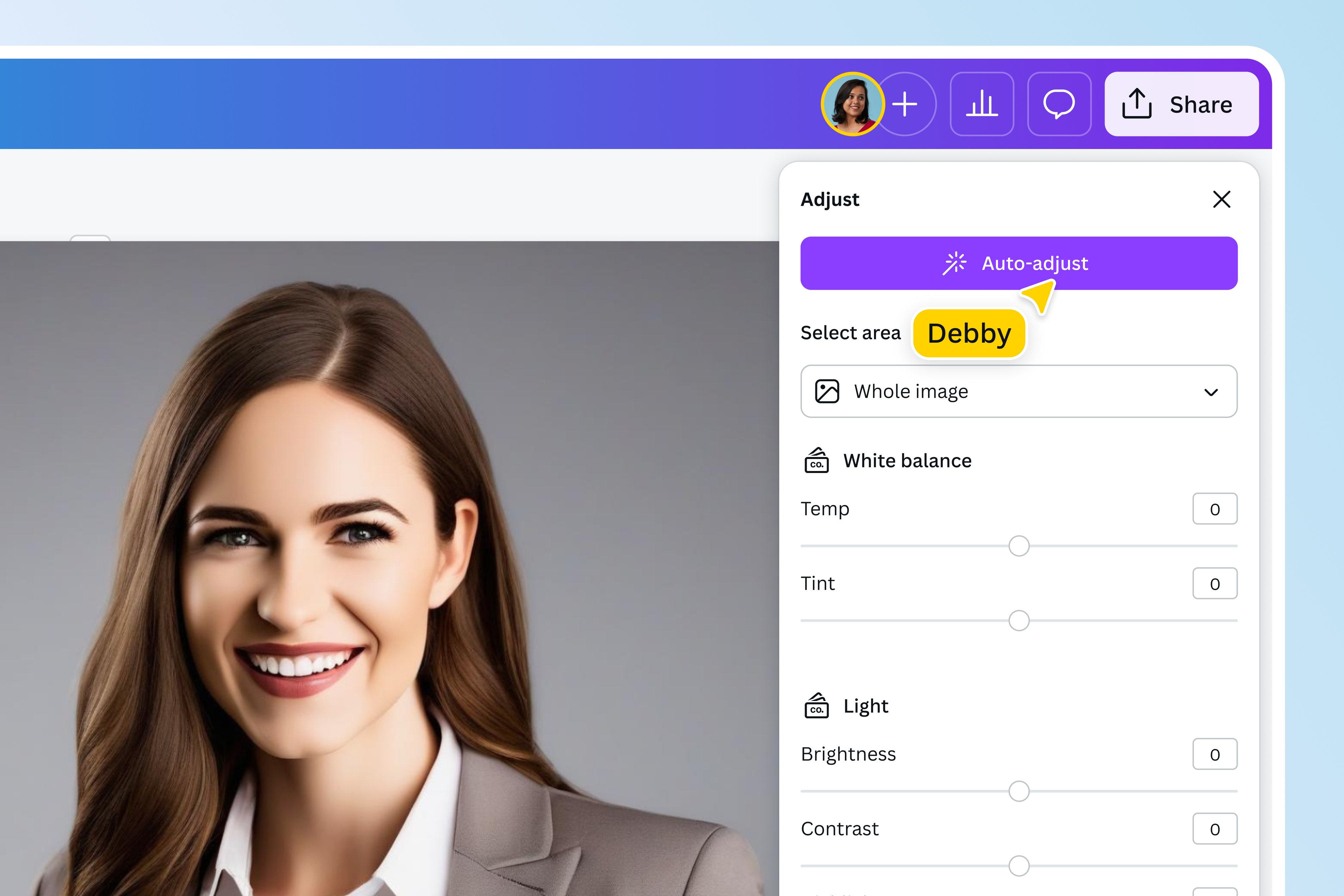 Auto-adjust the white balance and light of your AI-generated headshot