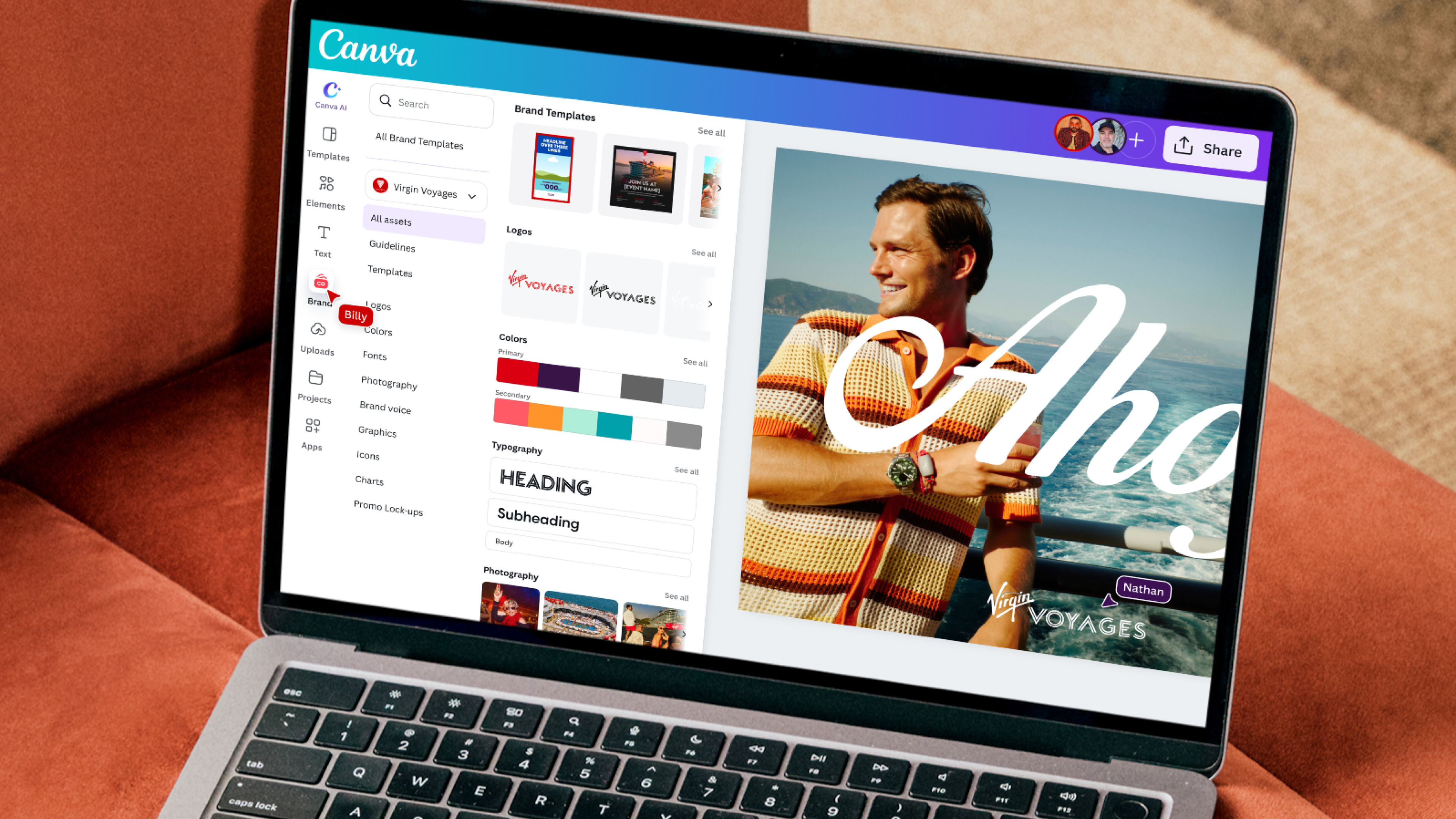 Virgin Voyages의 로고·색상·템플릿이 정리된 Canva 브랜드 패널과 디자인 화면