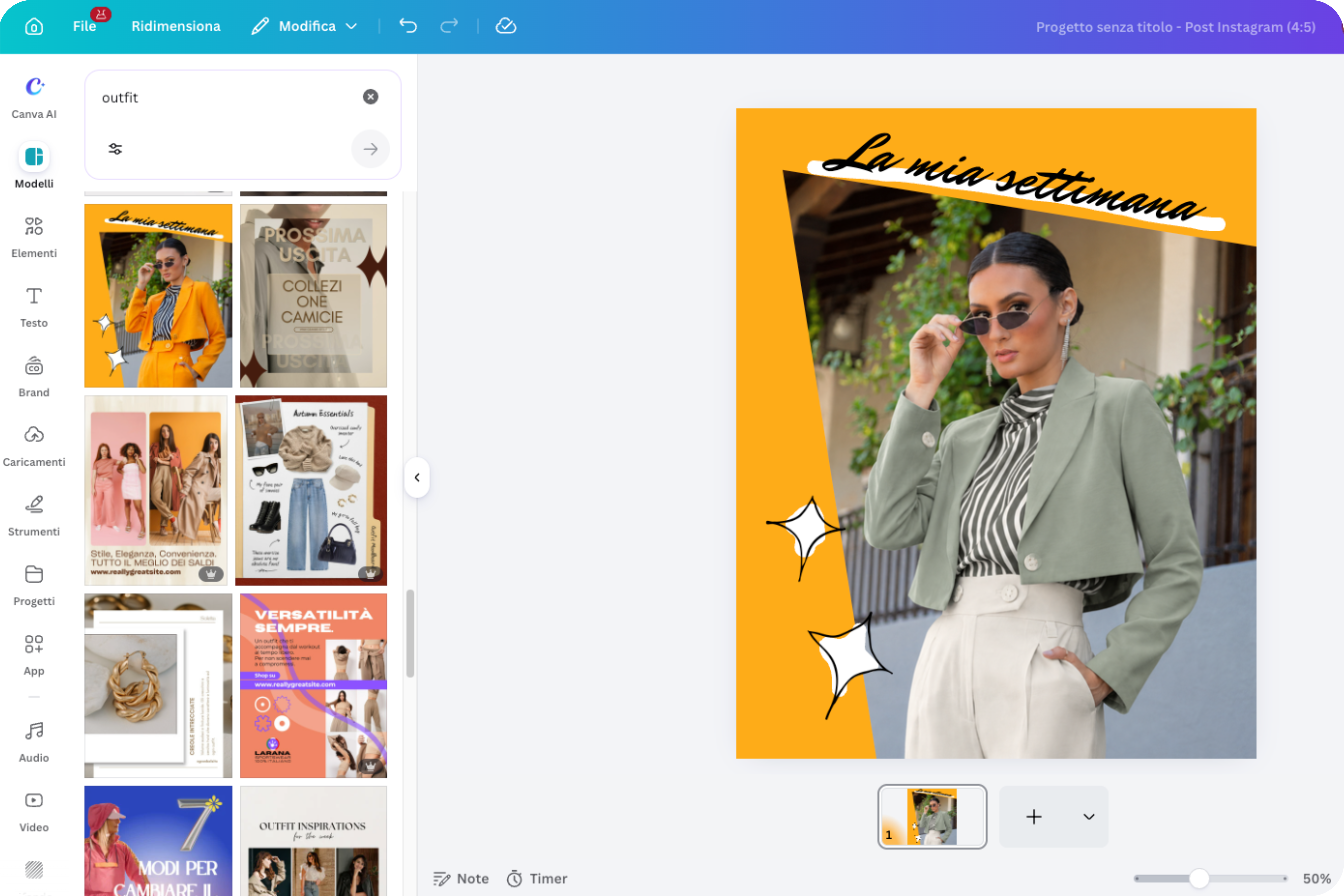 Foto con outfit cambiato con l'AI inserita in un post social nell'editor Canva