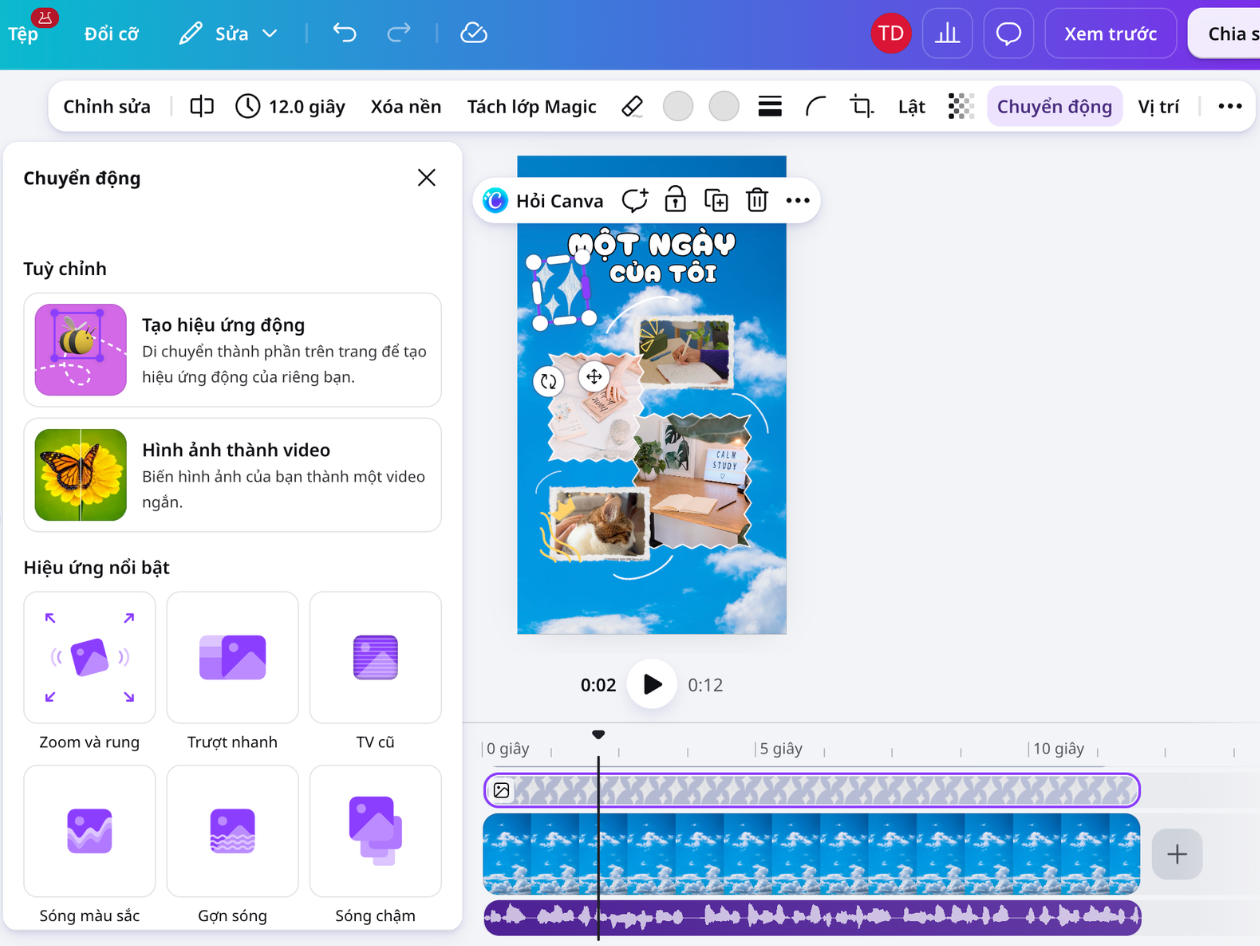 Thiết kế video Canva có hiệu ứng lấp lánh, chuyển động và âm thanh