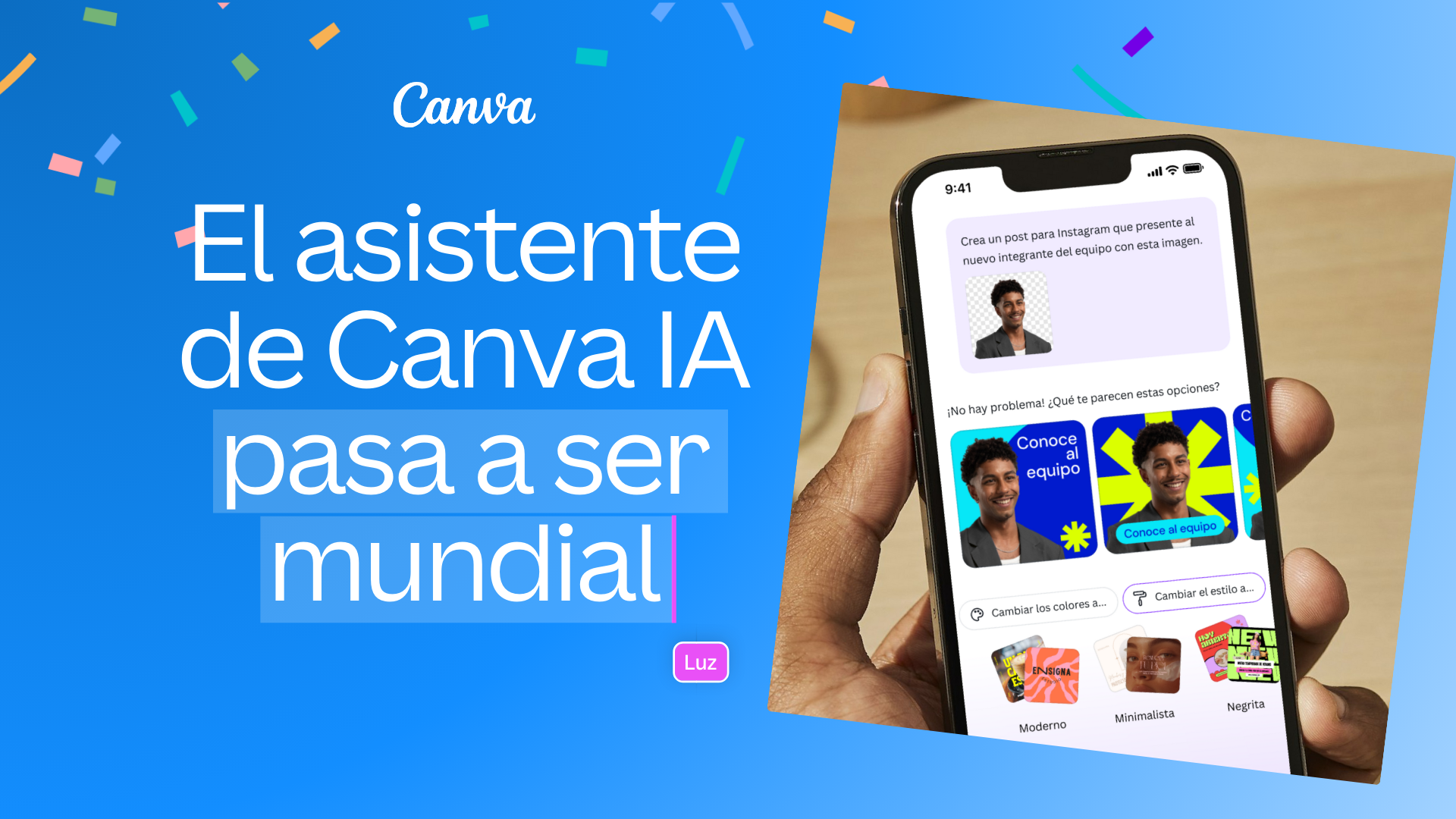 Blue thumbnail saying Canva AI assistant goes global with an image of a phone
