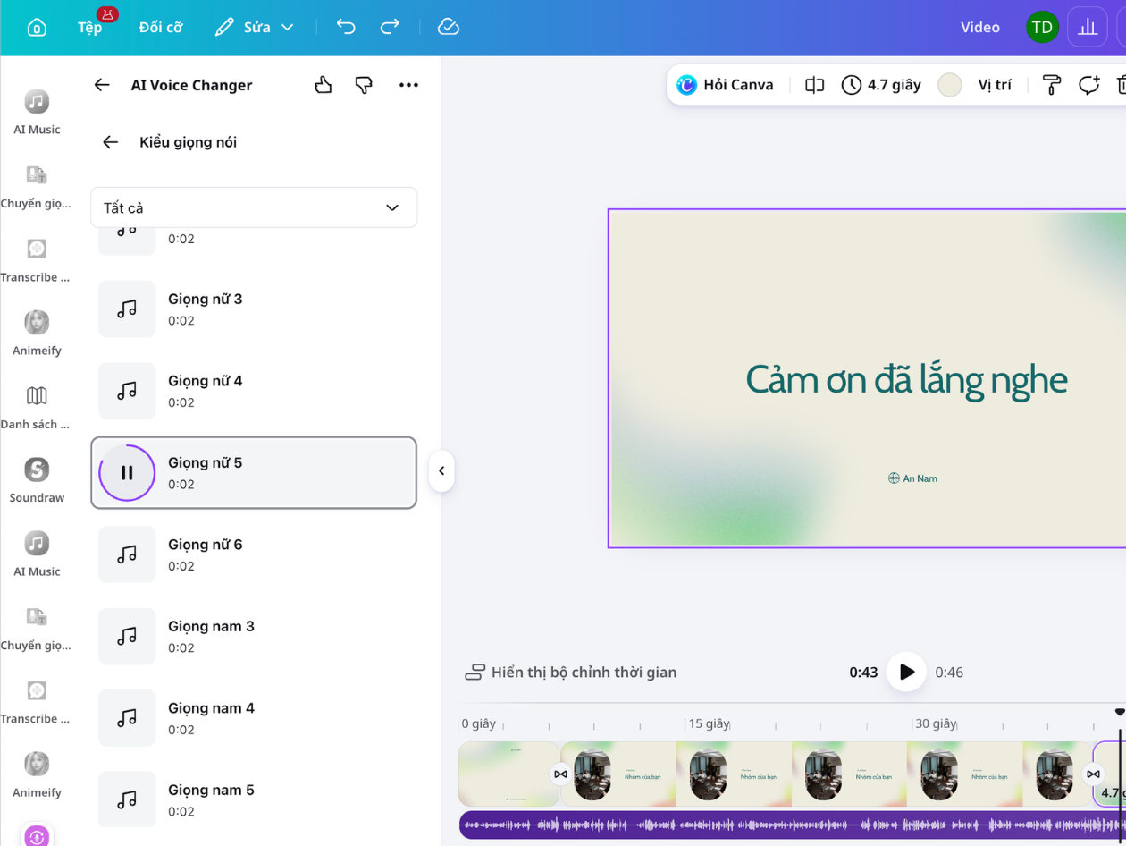 Giao diện Canva nghe thử các lựa chọn giọng AI nam và nữ