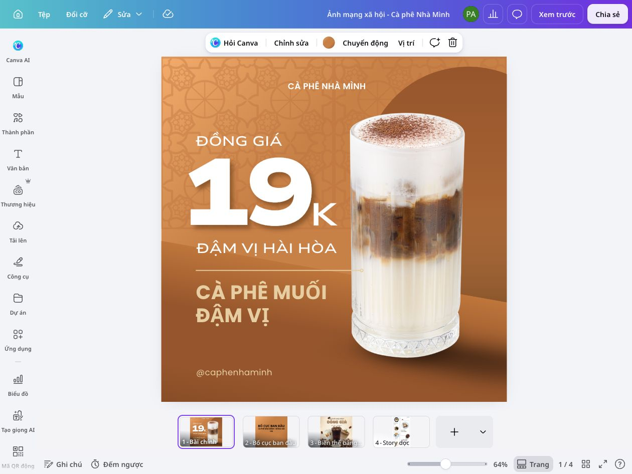 social-media-lead Bài đăng quảng cáo cà phê muối trên Canva, với giá 19K và các phiên bản thiết kế bên dưới.