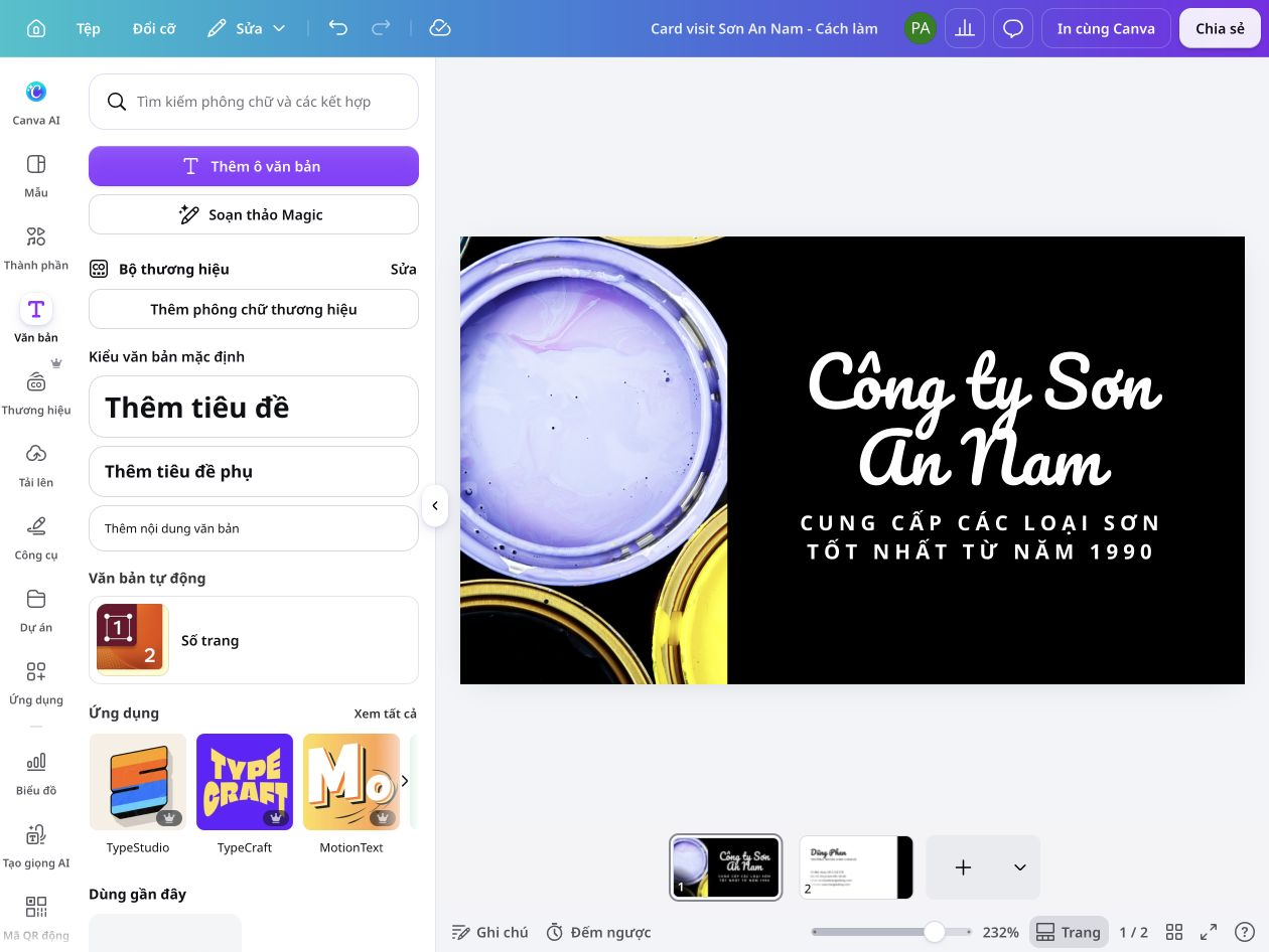 How to make business cards - Canva Giao diện Canva khi thiết kế card visit hai mặt cho Công ty Sơn An Nam, với bảng Văn bản và hai trang danh thiếp.