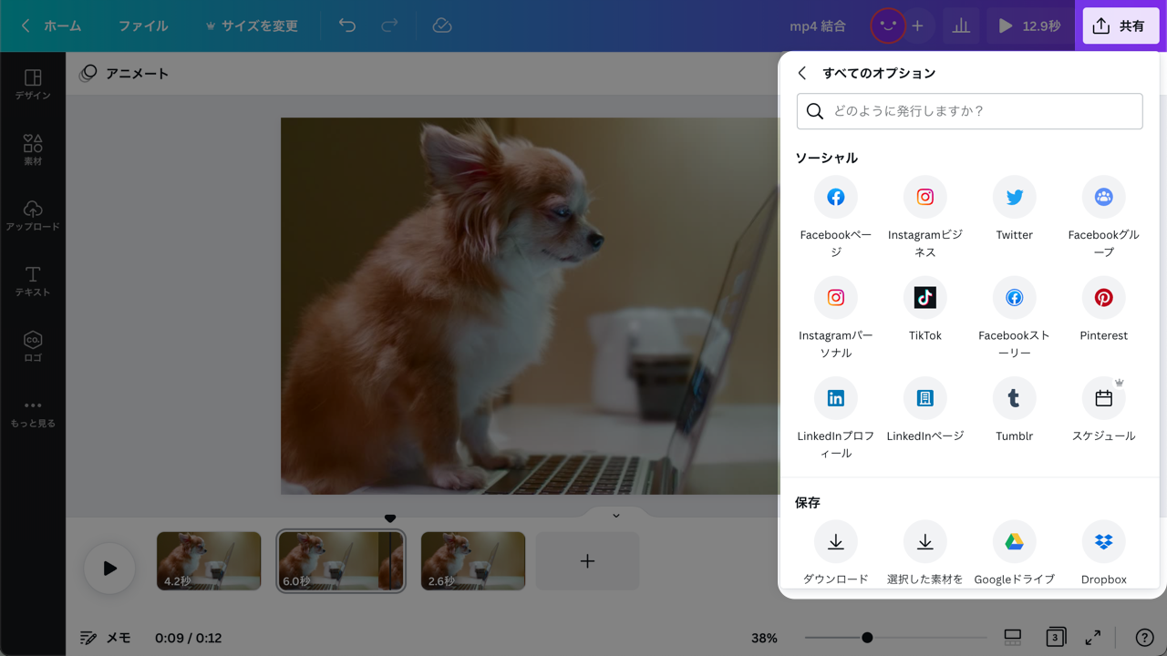 mp4を結合した動画を、いろいろな形で公開できます
