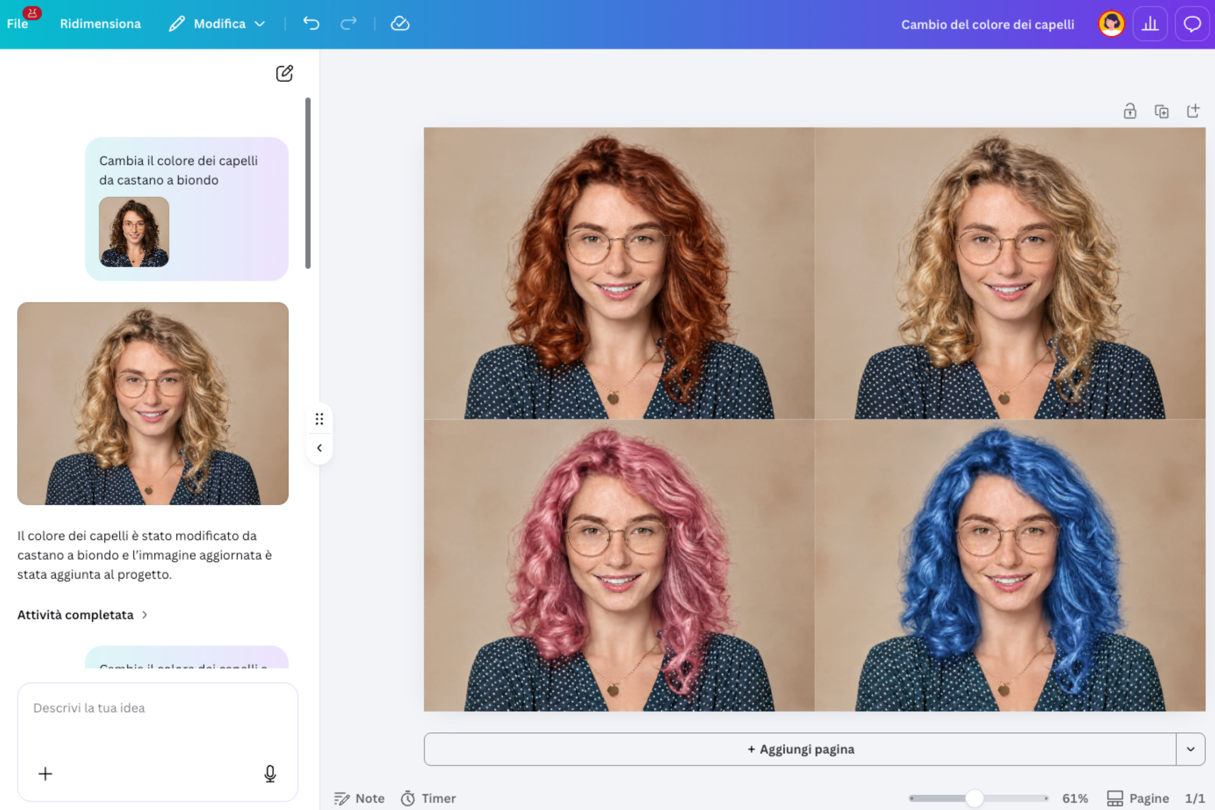 Tonalità di capelli naturali e creative provate con l'AI di Canva Tonalità di capelli naturali e creative provate con l'AI di Canva