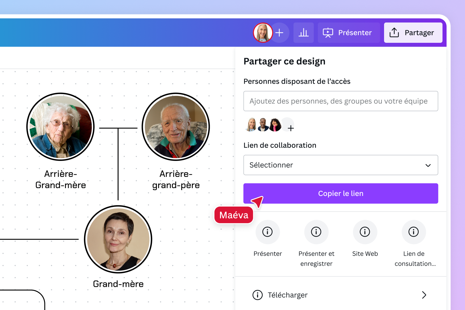 Partage d'accès à un design d'arbre généalogique dans Canva Partage d'accès à un design d'arbre généalogique dans Canva