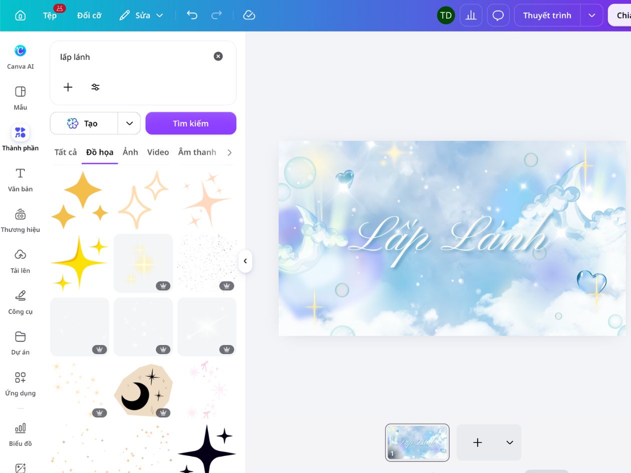 Thư viện Canva hiển thị các đồ họa và hiệu ứng lấp lánh