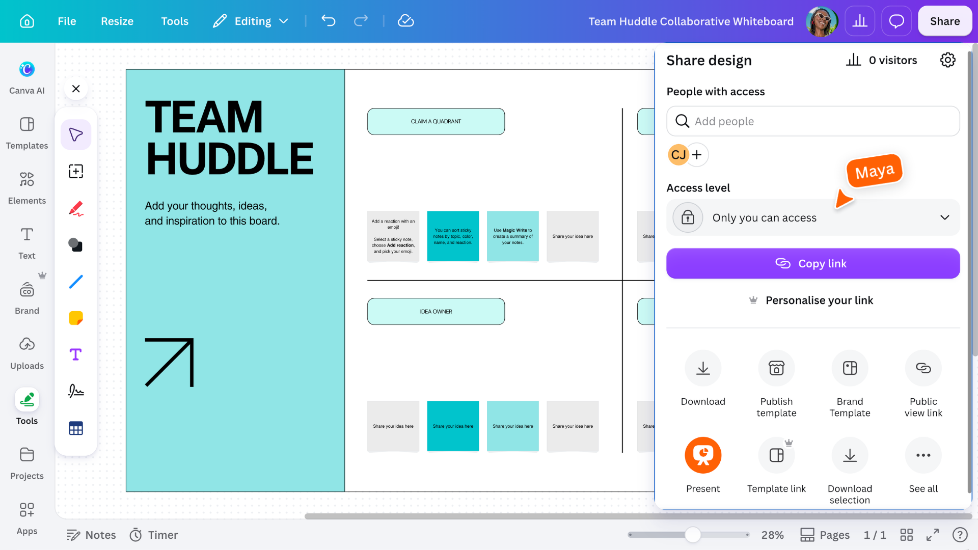 Canva editor with the Share menu open, showing options to share a link, download, or print a team planning design.