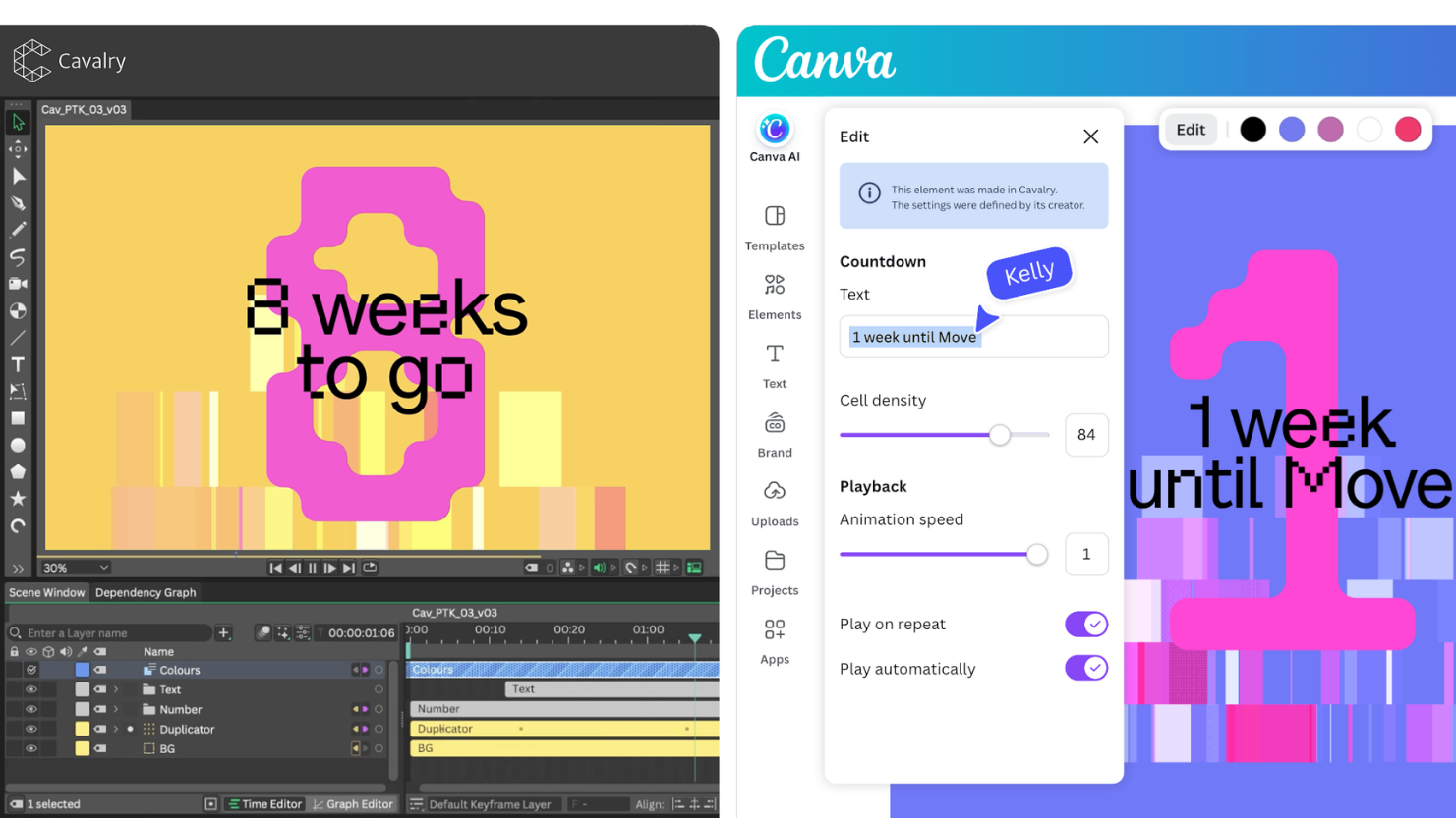 Official Canva newsroom side-by-side screenshot of a Cavalry countdown animation reading 8 weeks to go and the same animation edited in Canva with the text changed to 1 week until Move