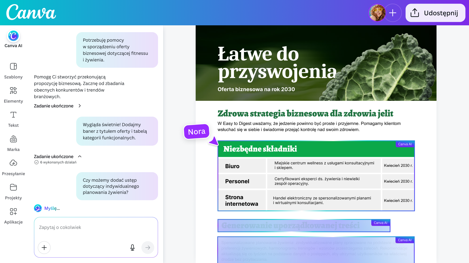 Obraz pokazujący, jak Canva AI współpracuje z Tobą w Dokumentach