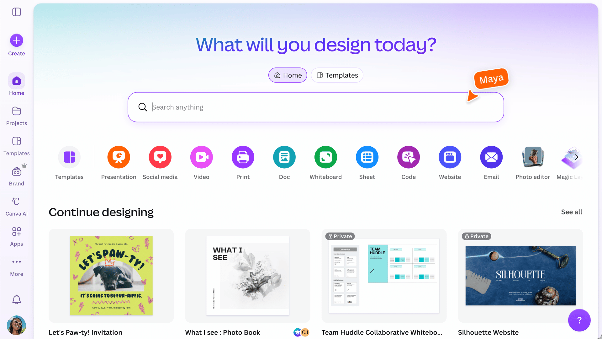 Canva homepage with a “What will you design today?” prompt, suggested design types, and recent designs.