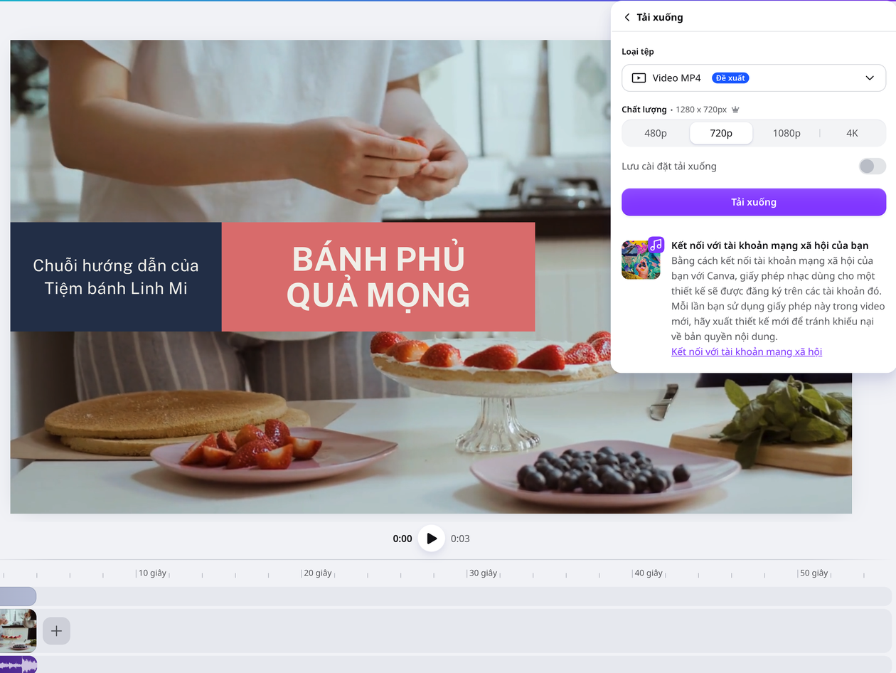 Chọn chất lượng 720p khi tải video MP4 trên Canva