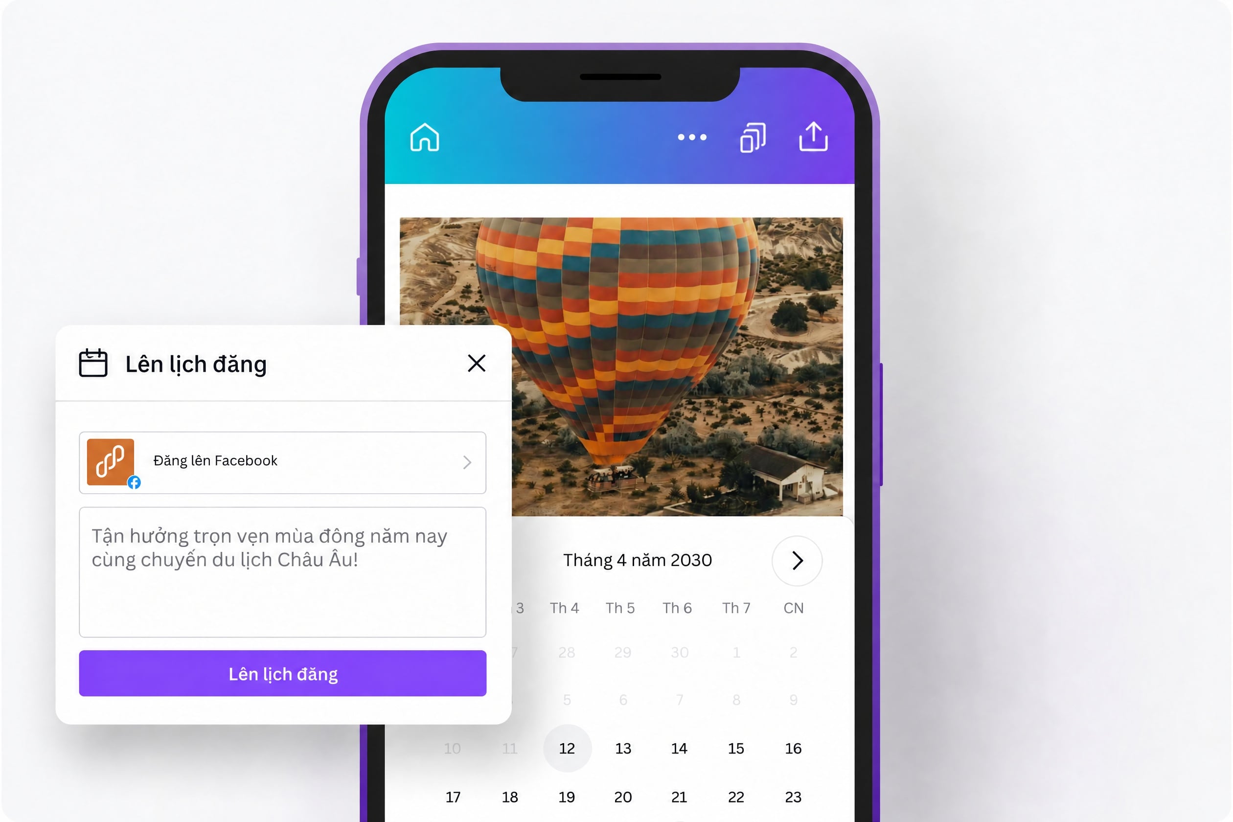Lên lịch đăng thiết kế có ảnh khinh khí cầu lên Facebook từ ứng dụng Canva trên điện thoại