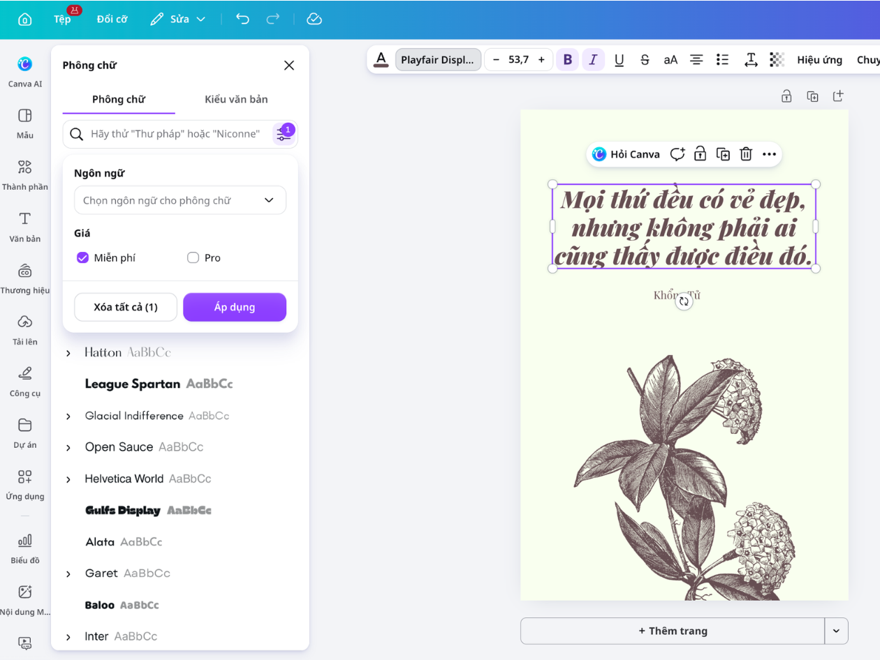 Thiết kế Canva đang xem trước nhiều kiểu chữ và hiệu ứng văn bản