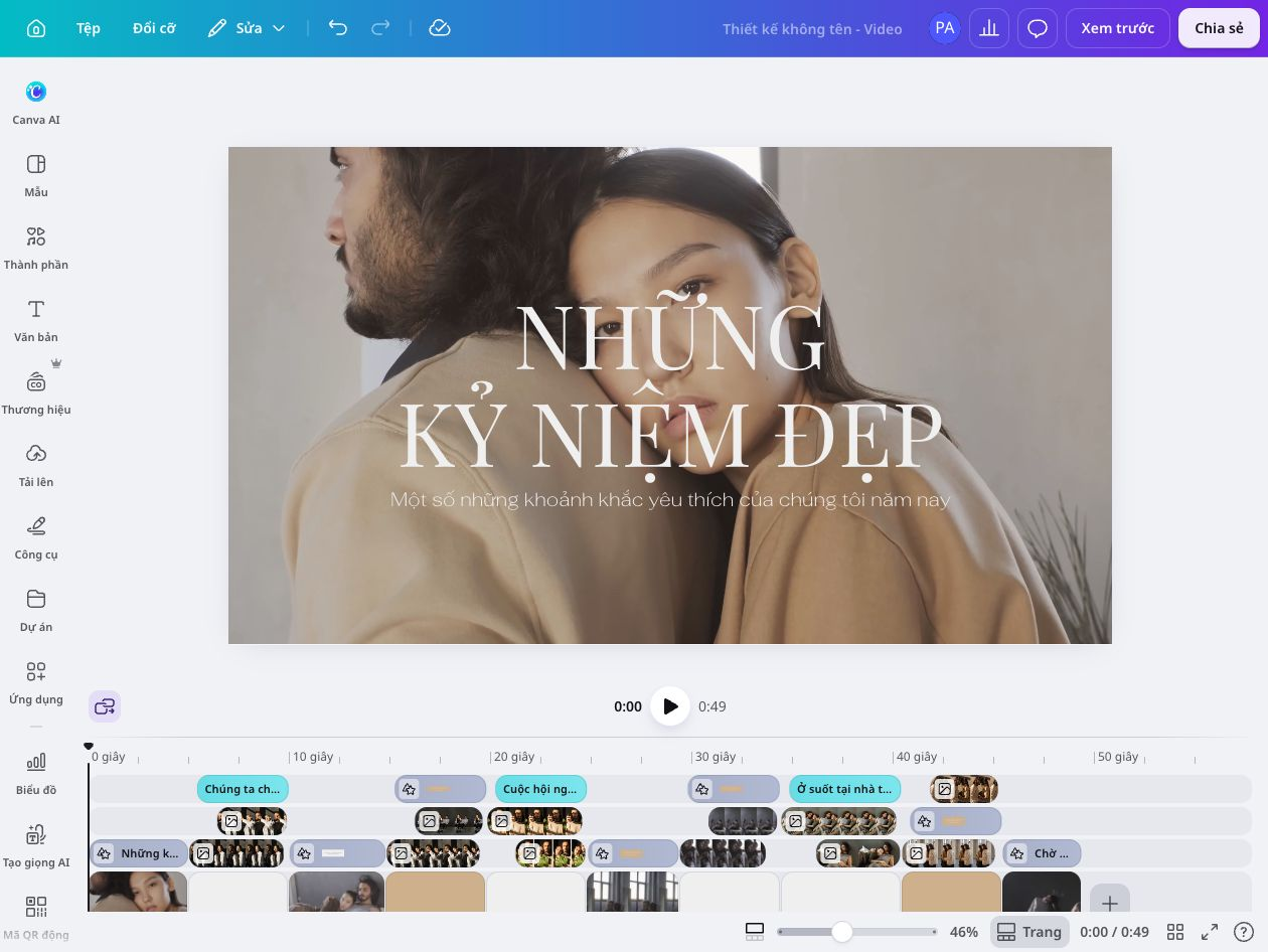 Dải ảnh nguồn được sắp xếp thành video 16:9 nhiều cảnh trên Canva