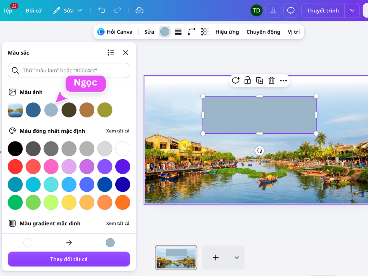 Bảng màu được gợi ý từ ảnh trong Canva Canva hiển thị bảng màu được gợi ý từ ảnh phong cảnh trong trình chỉnh sửa.