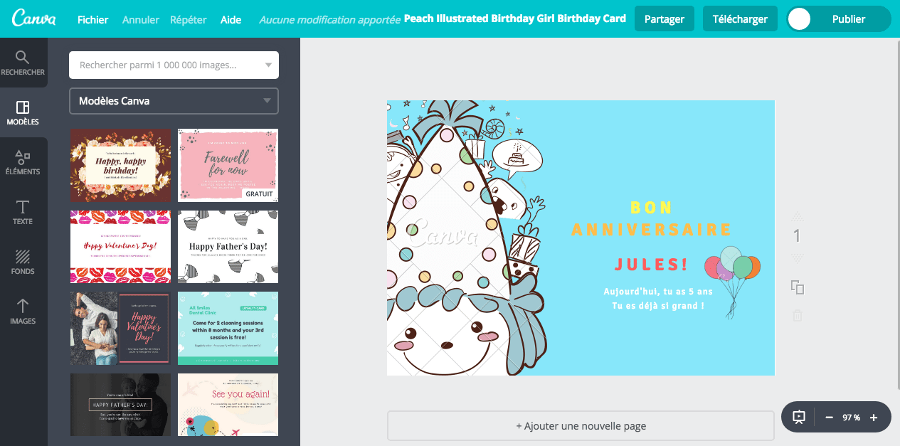 Carte d’anniversaire enfant en cours de création sur Canva