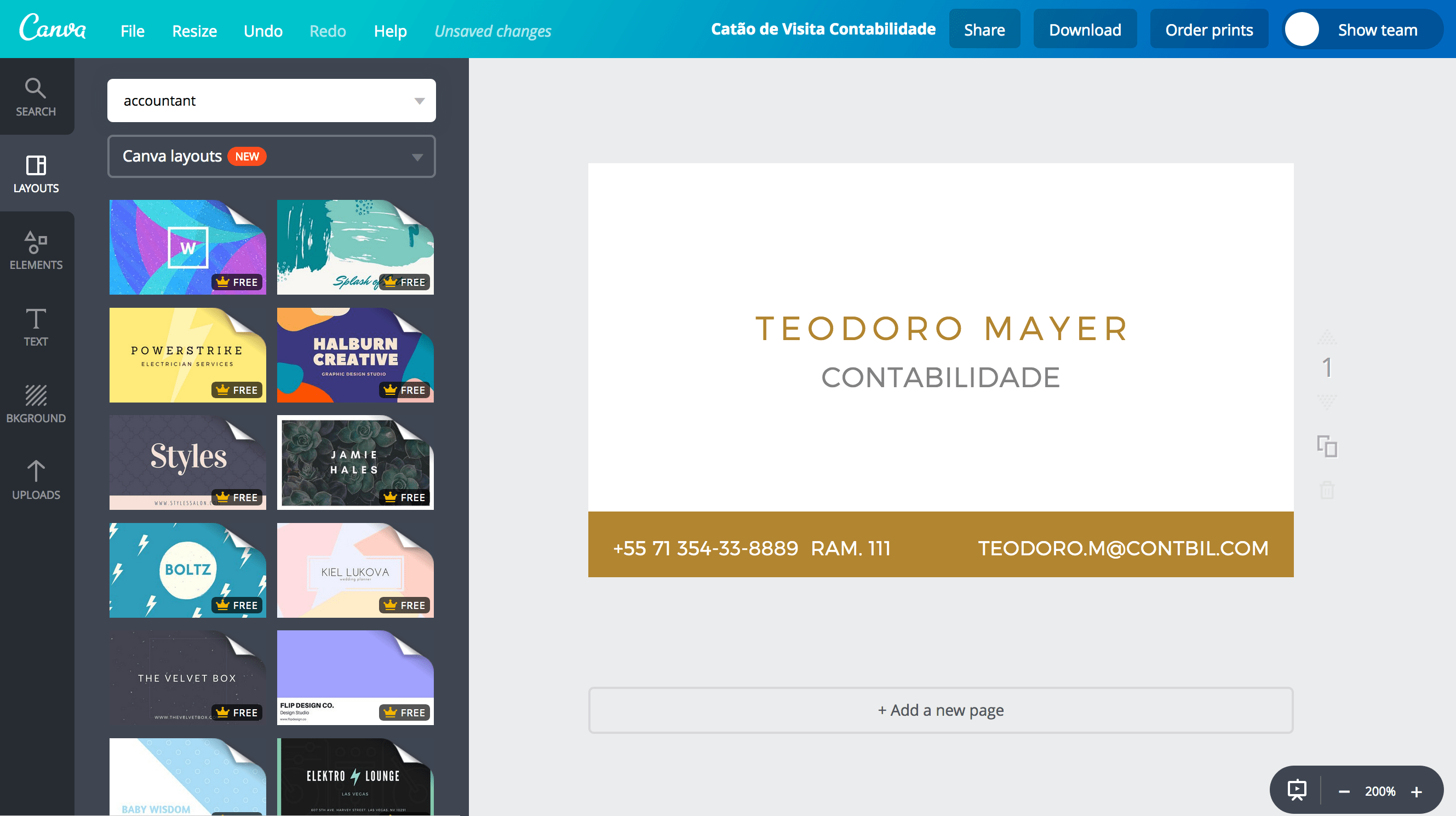 Cartão de visita de contabilidade
