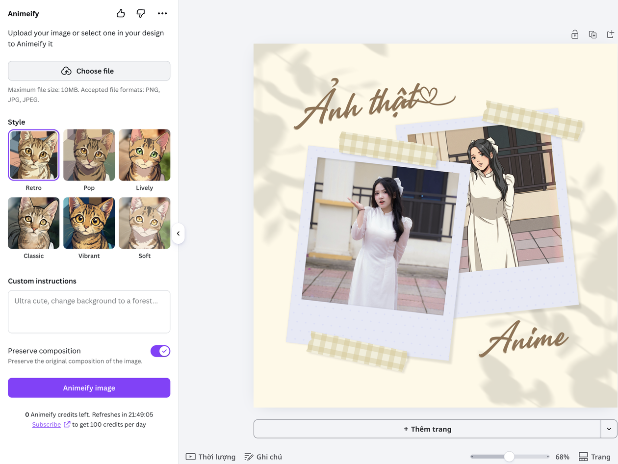Chọn phong cách anime trong Animeify Sáu phong cách anime Retro, Pop, Lively, Classic, Vibrant và Soft trong ứng dụng Animeify