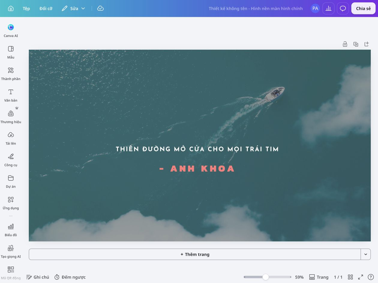 Hình nền desktop với ảnh biển xanh và câu chữ trên Canva.