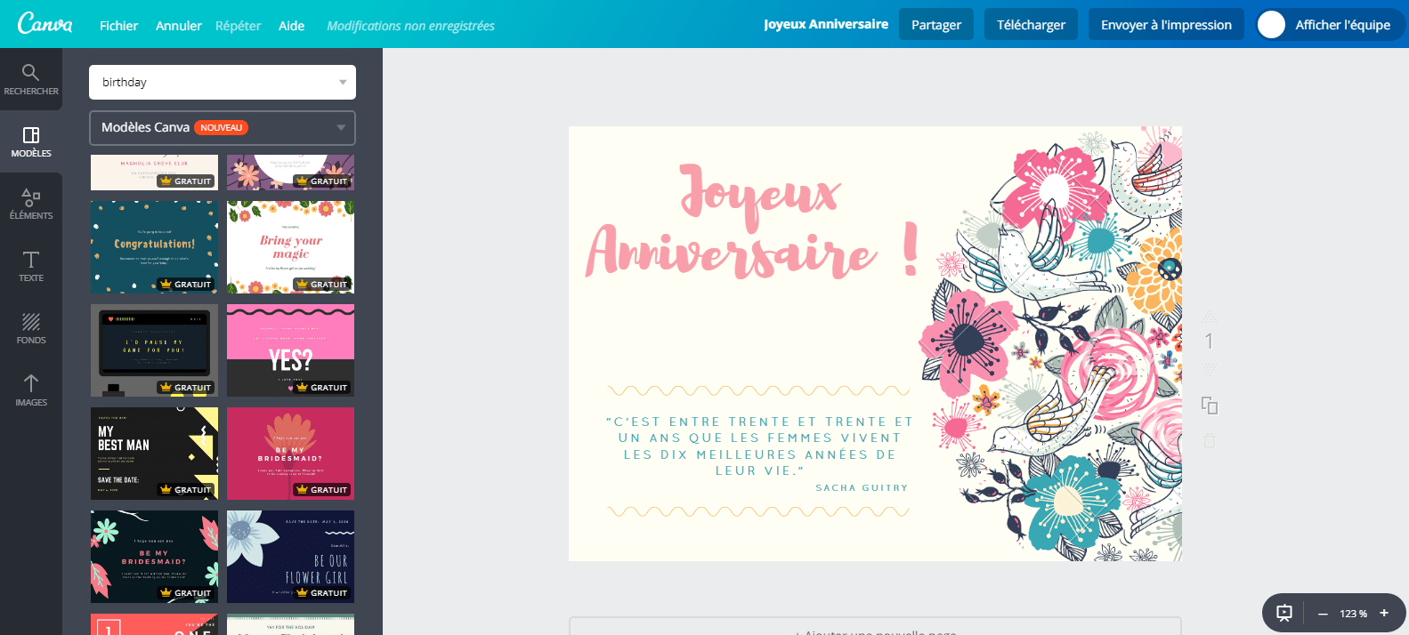 Carte d’anniversaire pour une femme en cours de création sur Canva