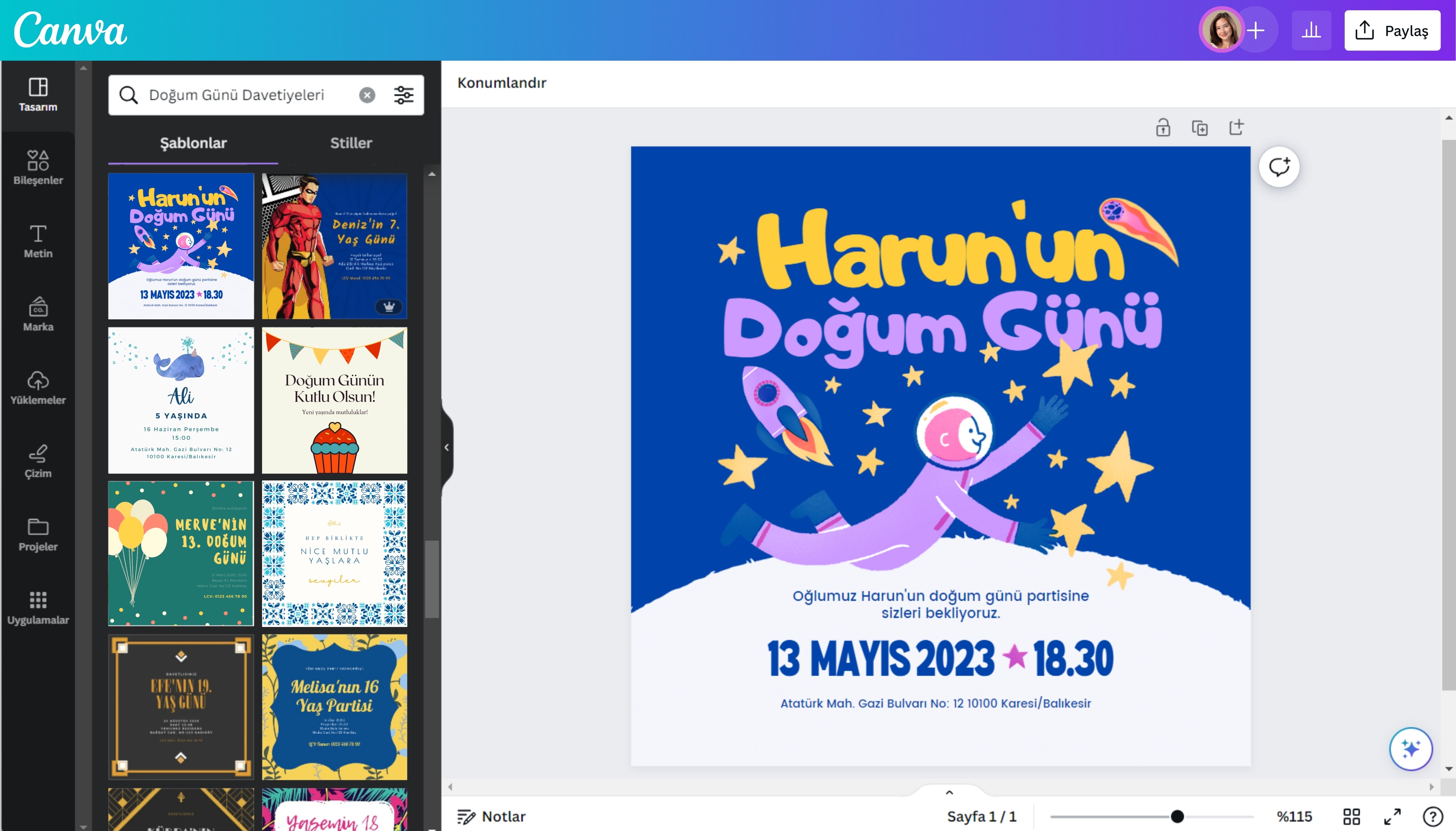 doğum günü davetiyesi hazırlama - Canva
