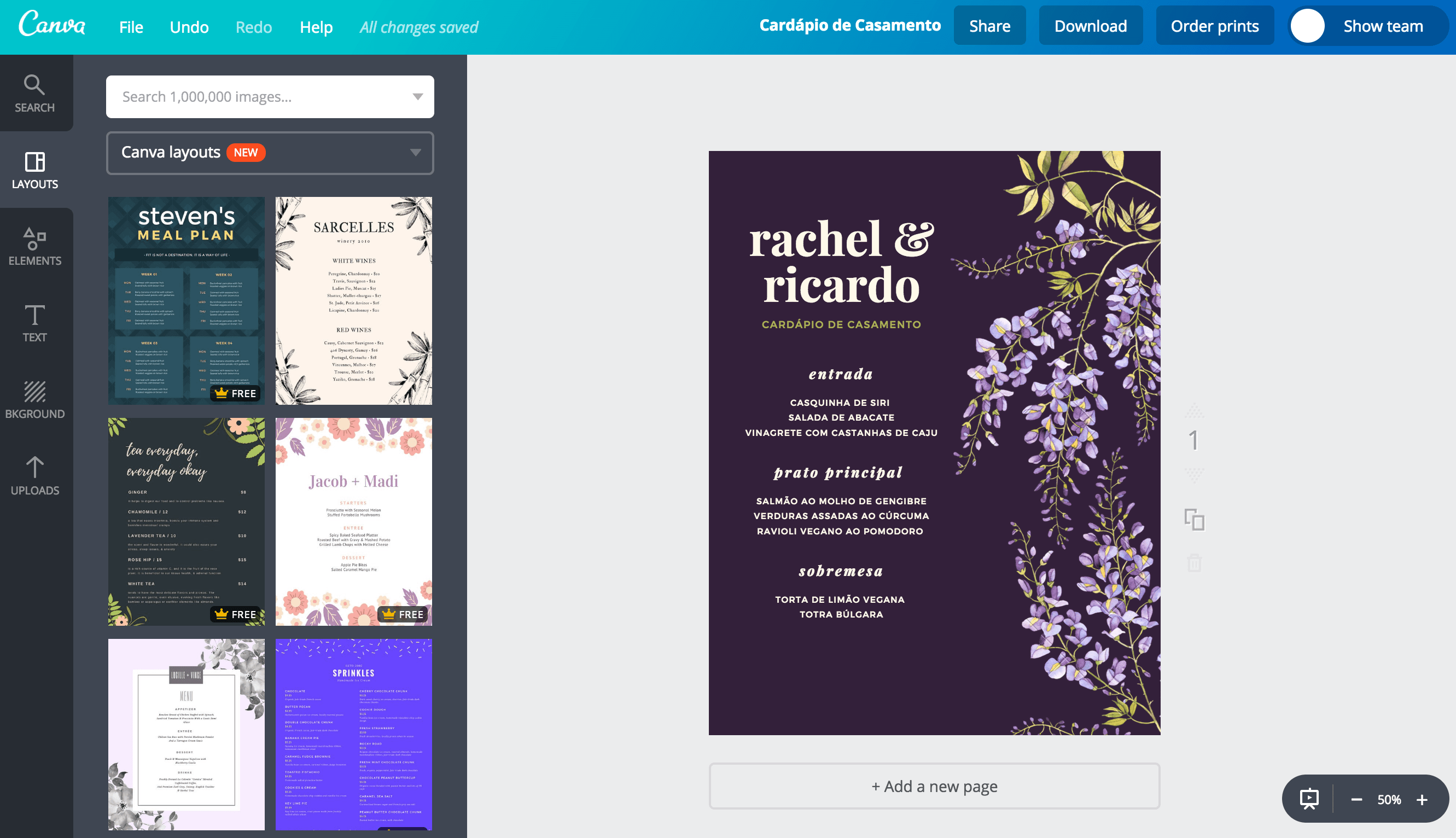 Cardápio para almoço de casamento