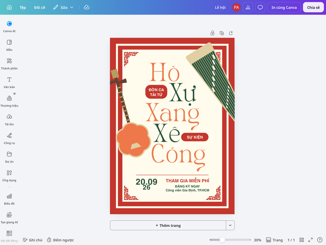Thiết kế Poster online với AI hỗ trợ trên Canva Poster sự kiện đờn ca tài tử với nhạc cụ và thông tin chương trình trong Canva.