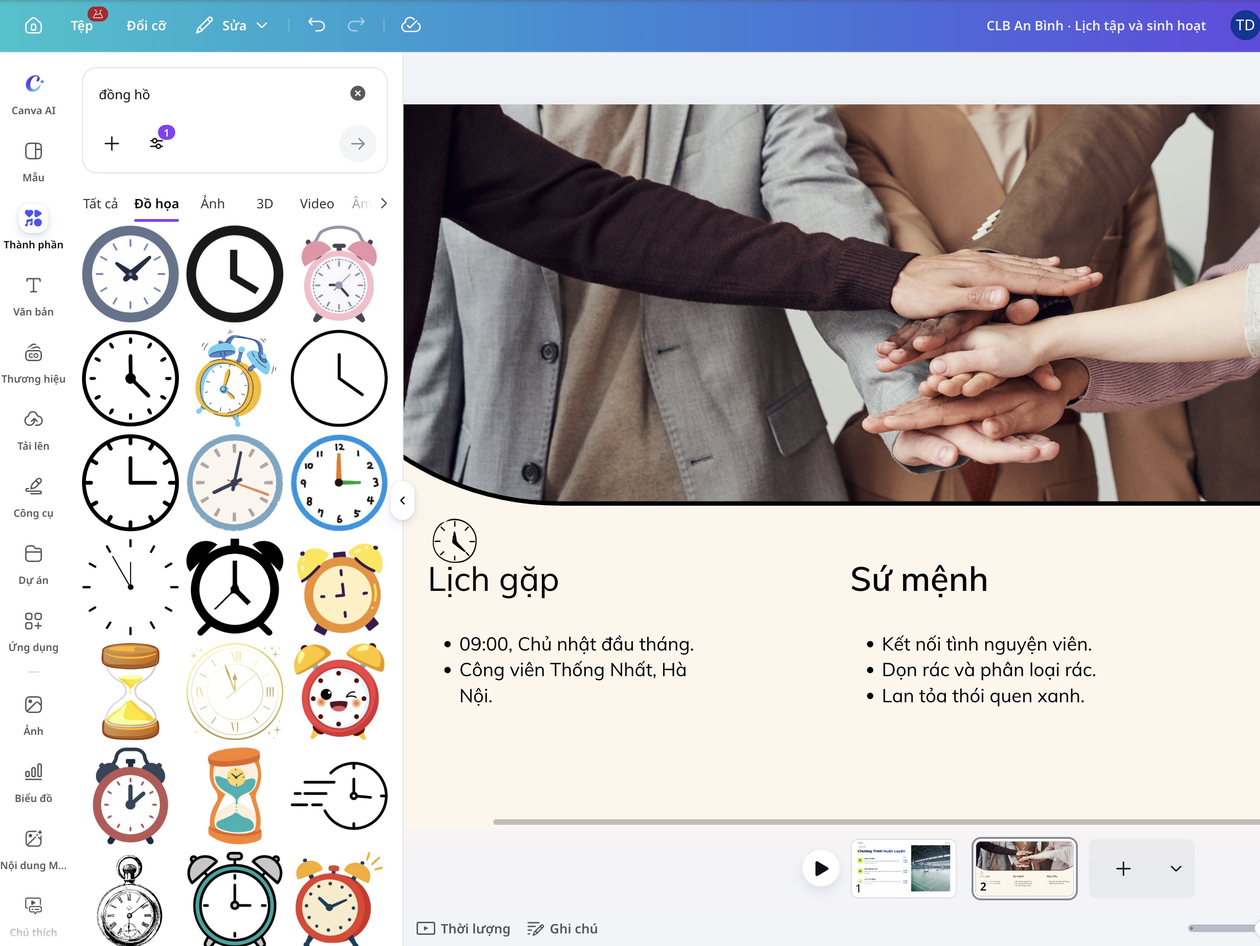 Sử dụng biểu tượng trên Canva Tìm icon đồng hồ trong thư viện Thành phần của Canva