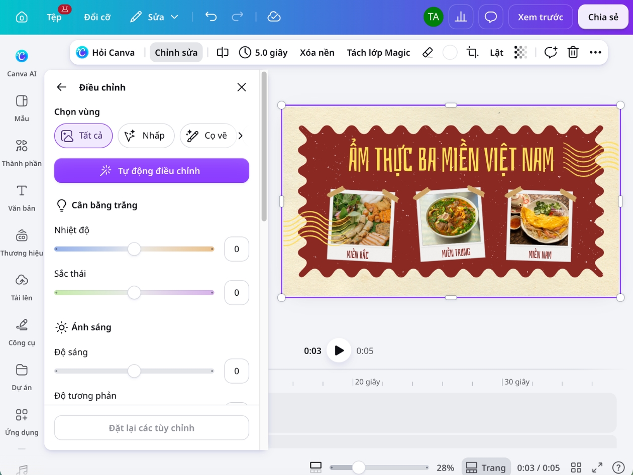 Điều chỉnh chuyển động video background Bảng điều chỉnh độ sáng, tương phản và tốc độ của video background trong Canva