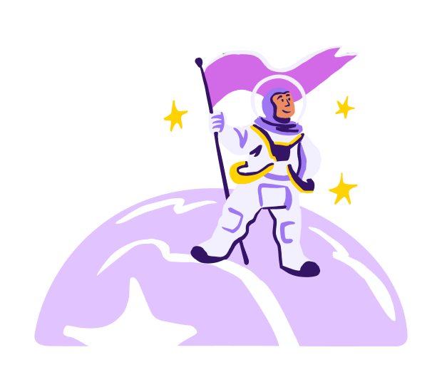 A person in a space suit planting down a flag graphic