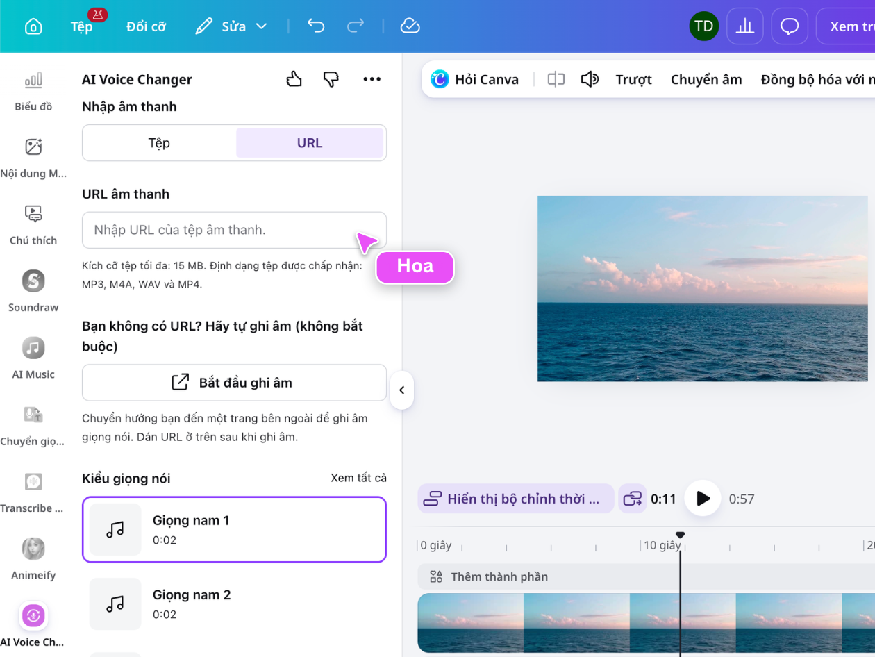 Giao diện Canva tải tệp âm thanh hoặc video để đổi giọng nói