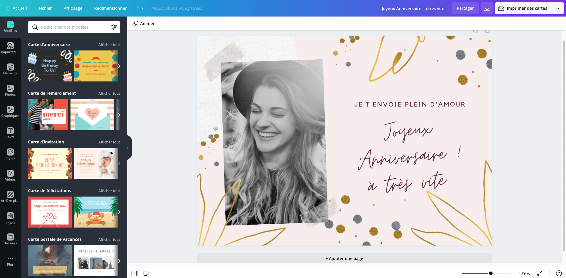 Carte virtuelle d'anniversaire personnalisée en cours de création dans Canva