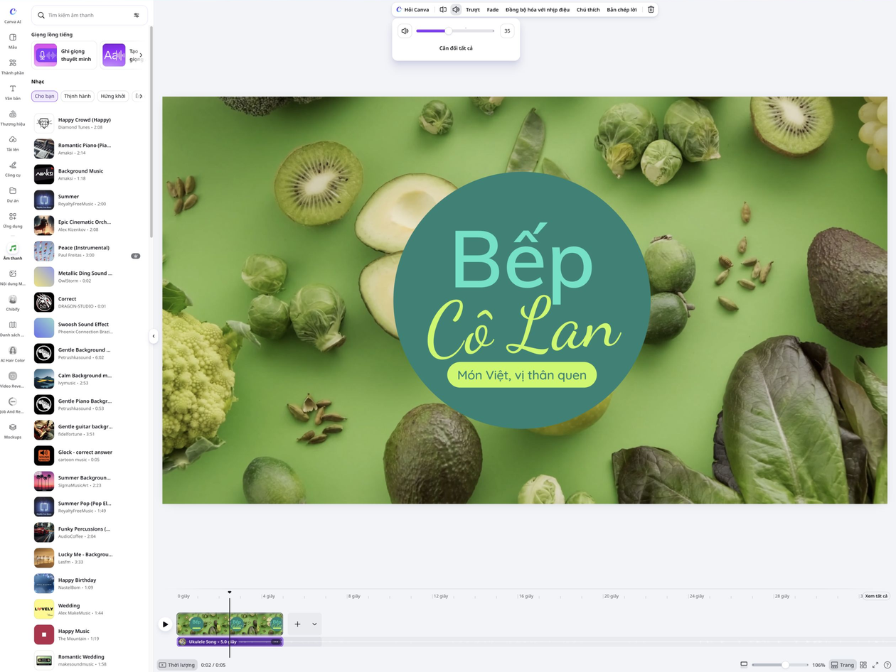 Add text with effects to your GIF Thiết kế Bếp Cô Lan trên Canva với bảng chỉnh âm lượng nhạc nền