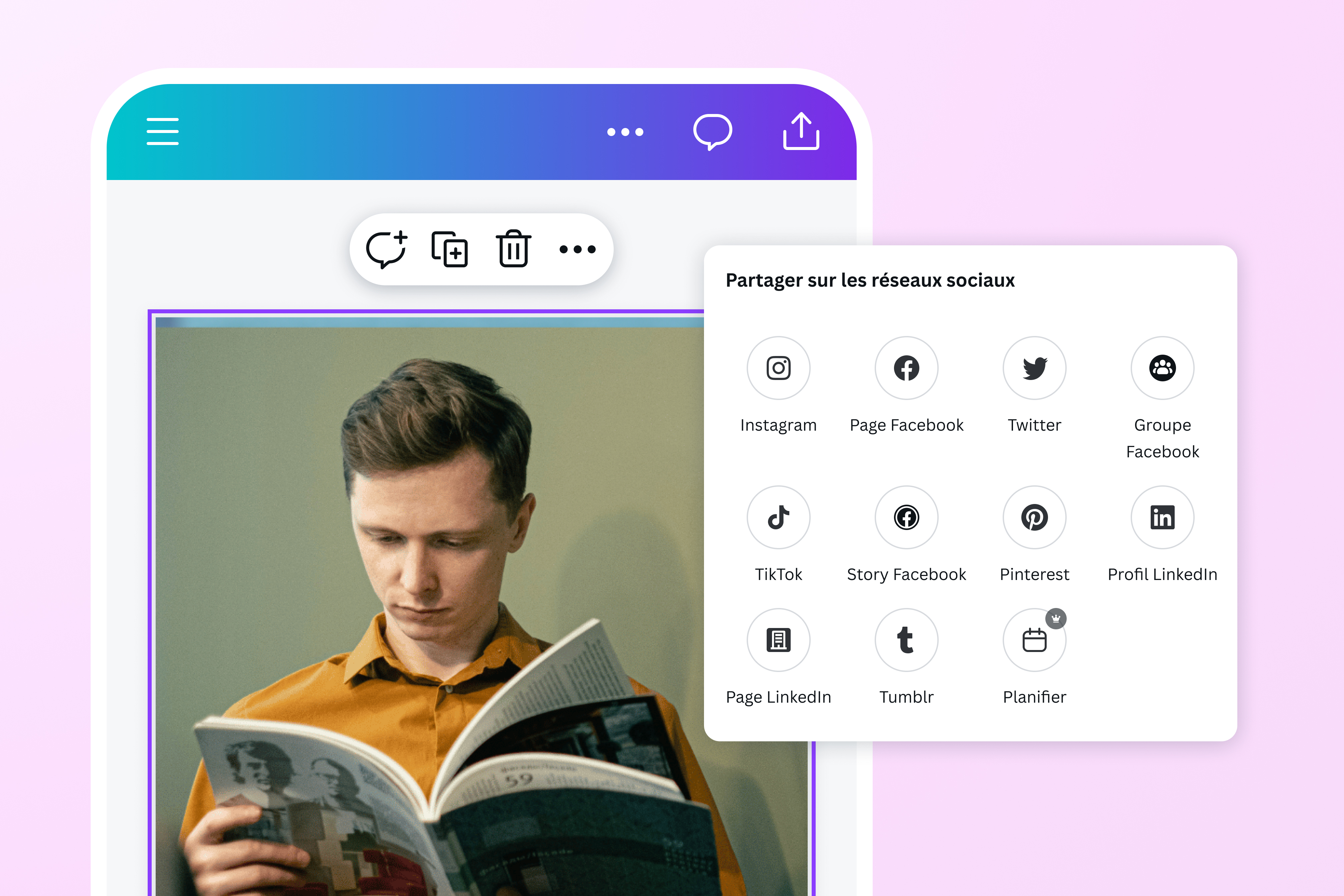 Photo d’un homme lisant un magazine, avec le menu de partage sur les réseaux sociaux de Canva Photo d’un homme lisant un magazine, avec le menu de partage sur les réseaux sociaux de Canva